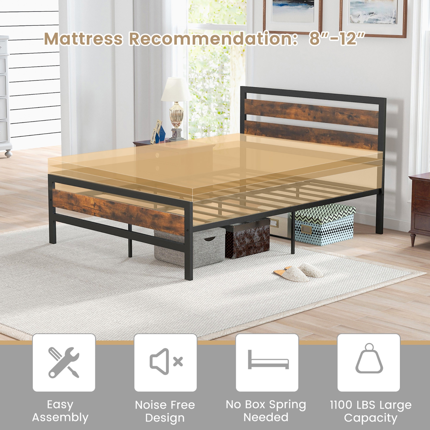 Cadre de lit double en métal Giantex de Costway, lit plateforme industriel avec tête et pied de lit en bois, base de matelas en métal robuste, aucun