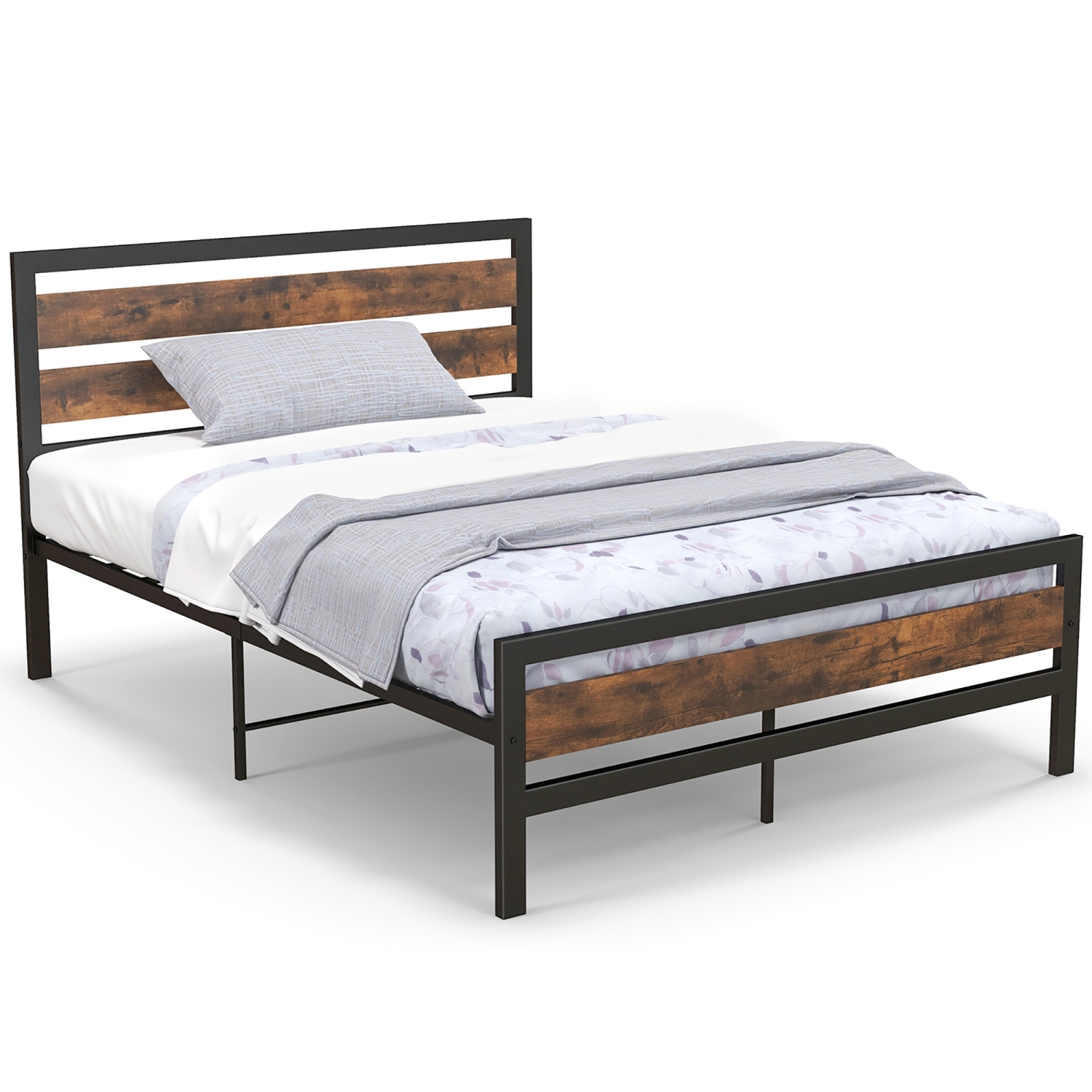 Cadre de lit double en métal Giantex de Costway, lit plateforme industriel avec tête et pied de lit en bois, base de matelas en métal robuste, aucun