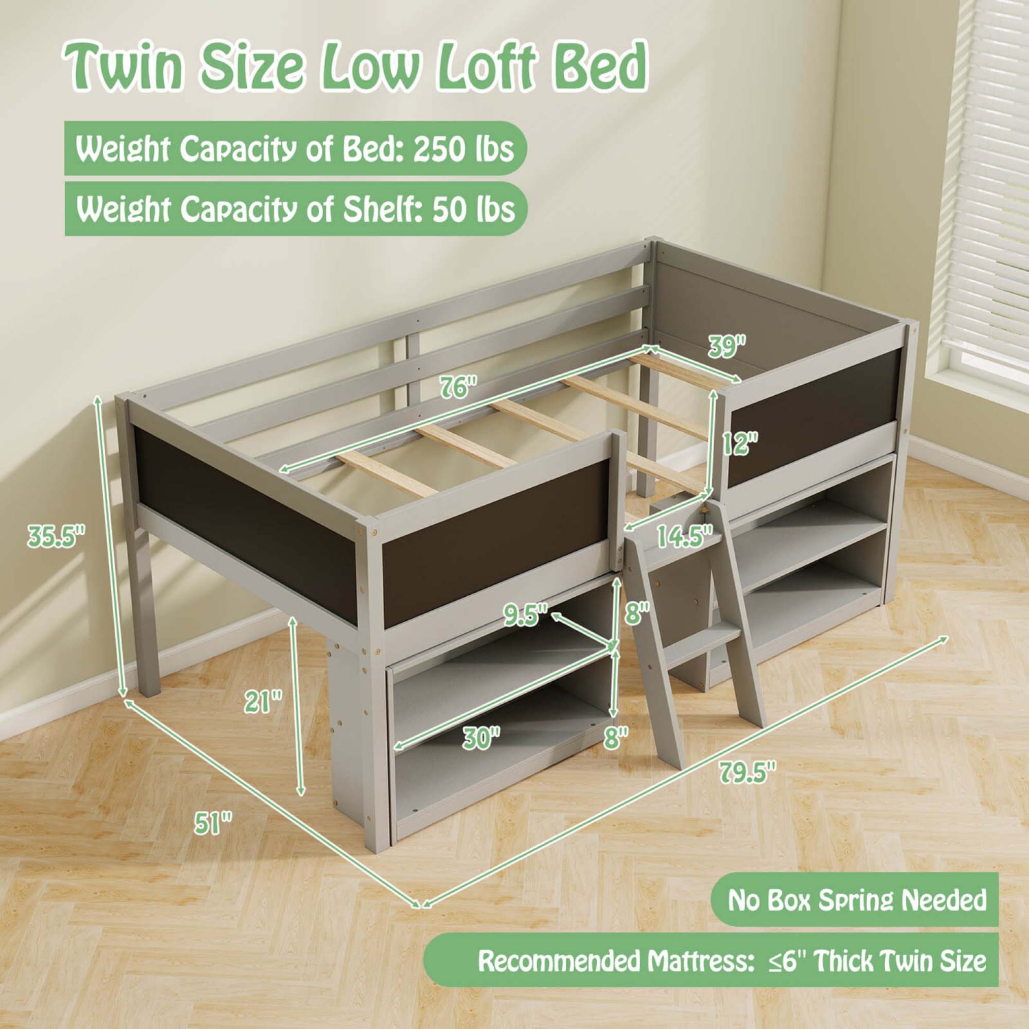 Costway Twin Size Low Loft Bed with Ramp Ladder & Bookcases Full-length Safety Guardrail