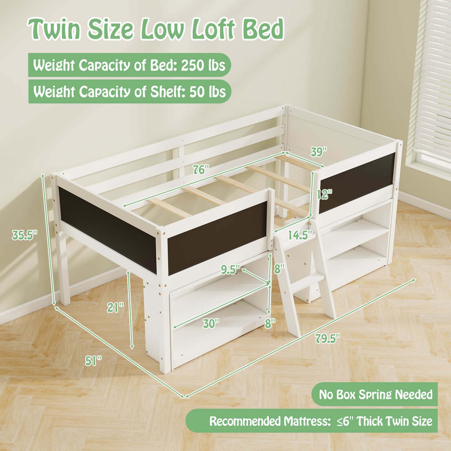 Costway Twin Size Low Loft Bed with Ramp Ladder & Bookcases Full-length Safety Guardrail