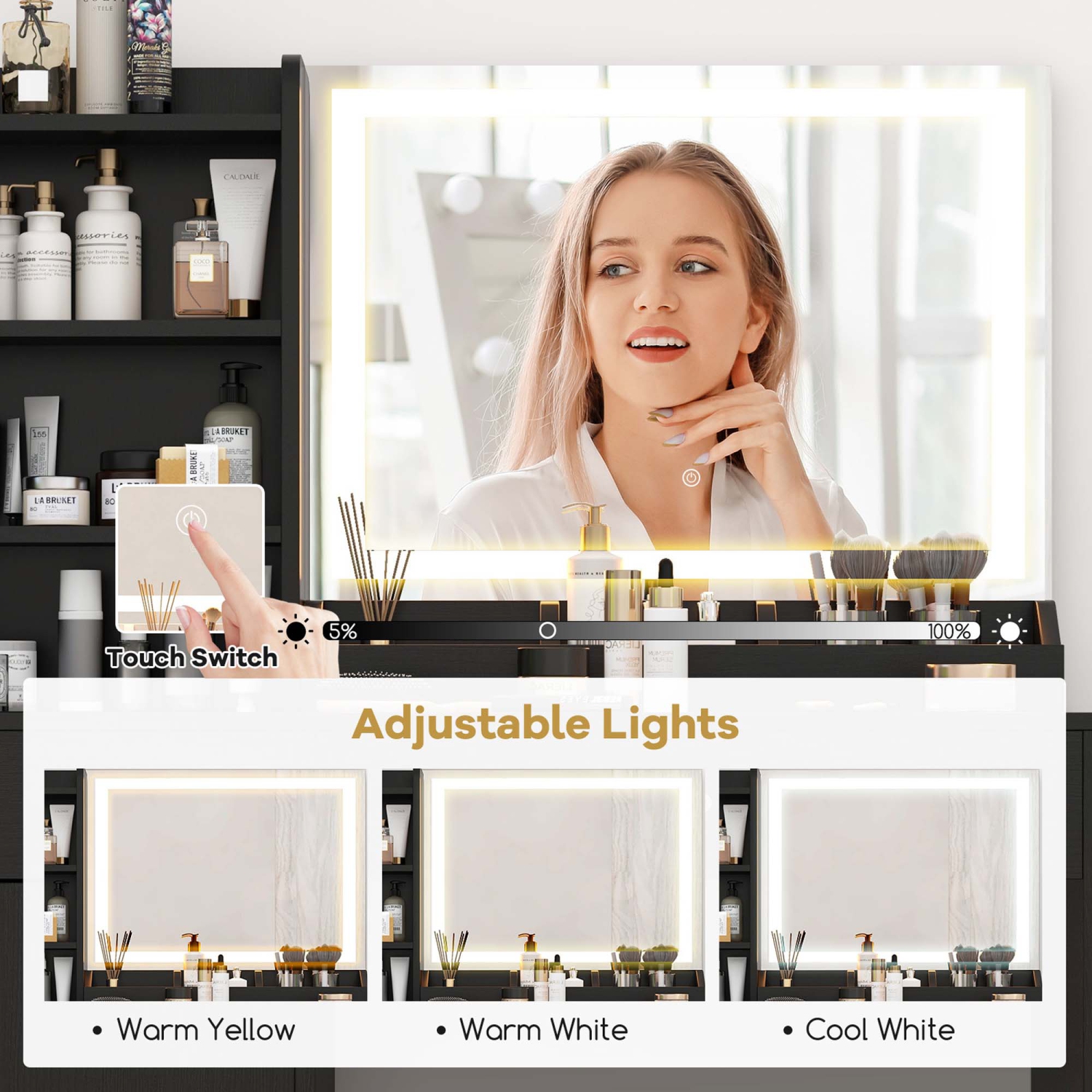 Costway Vanity Set Dressing Table and Chair Set with 3 Lighting Modes & Mirror and Lights