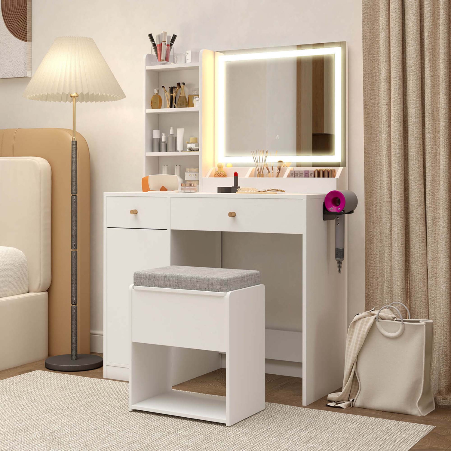 Costway Vanity Set Dressing Table and Chair Set with 3 Lighting Modes & Mirror and Lights