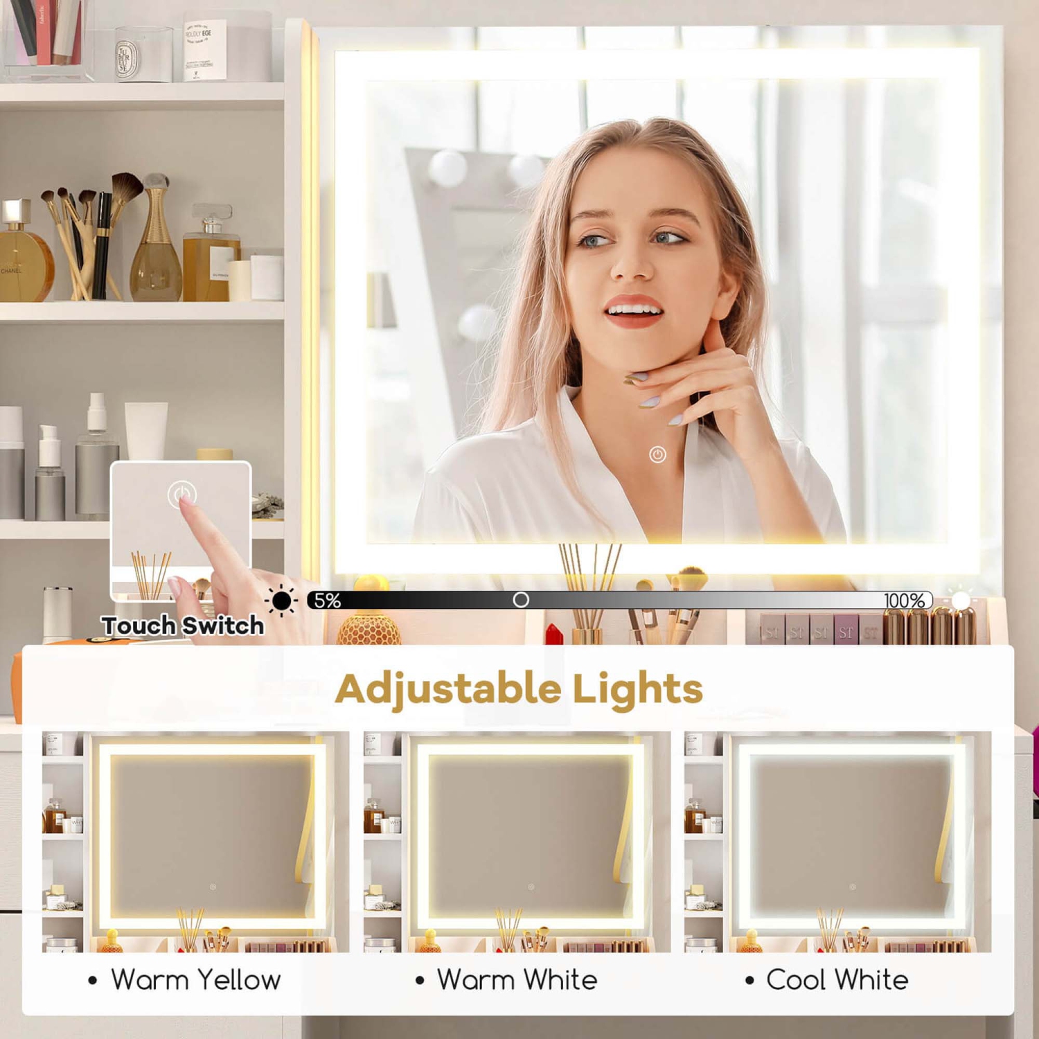 Costway Vanity Set Dressing Table and Chair Set with 3 Lighting Modes & Mirror and Lights