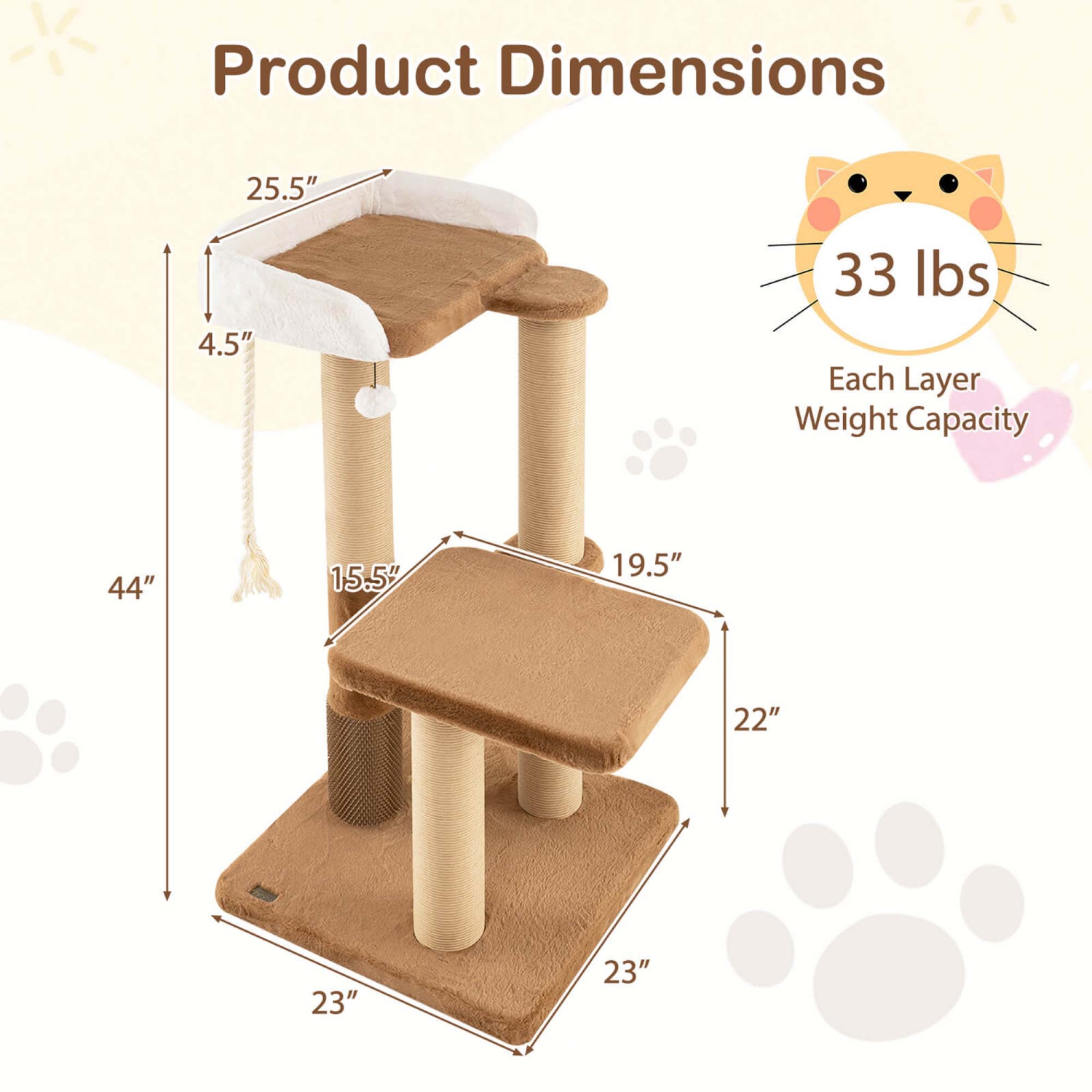 Arbre de chat intérieur de 44&nbsp;po de Costway avec poteaux en perche rembourrés en peluche pour gratter la plateforme
