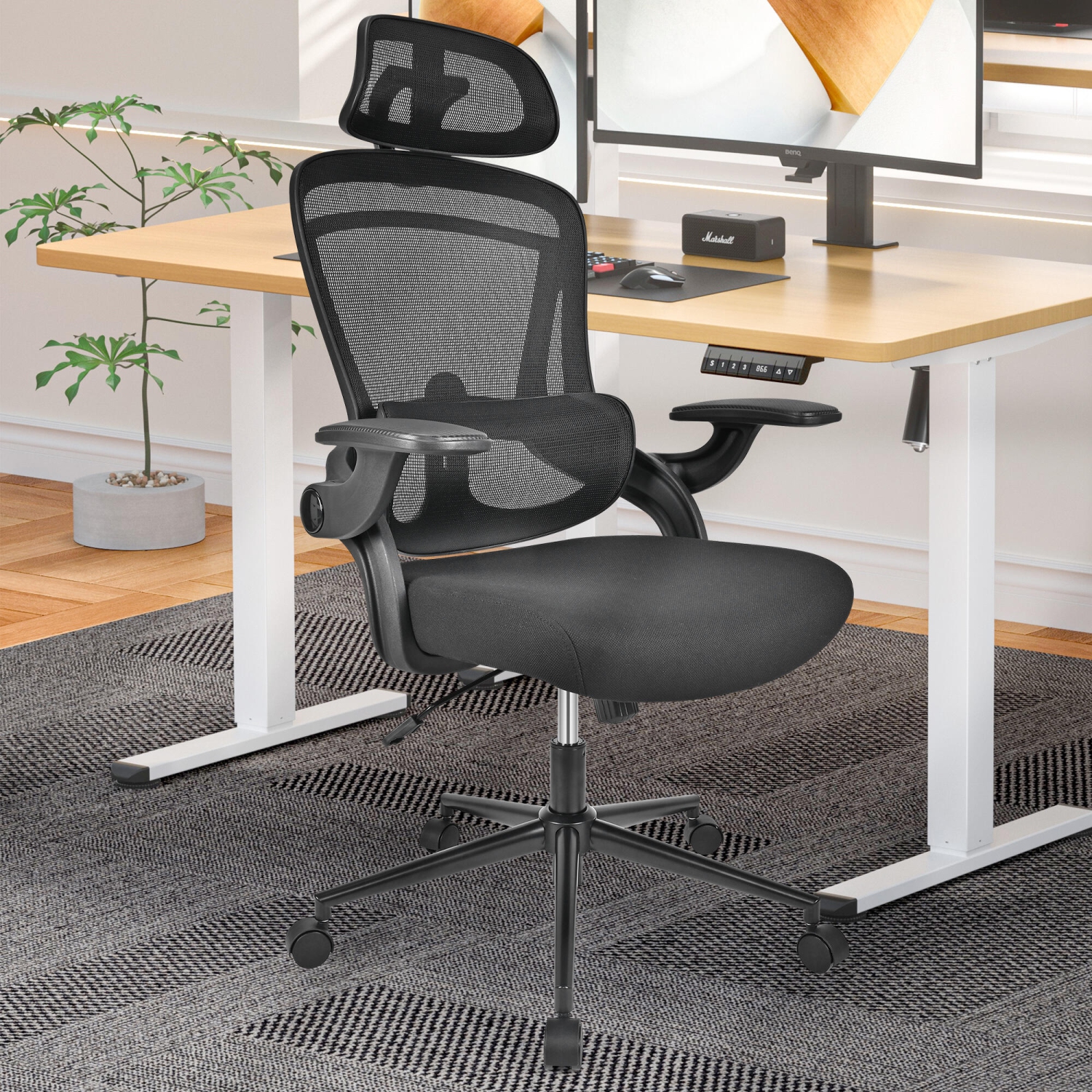 Ergonomic Mesh Office Chair, High Back Computer Desk Chair with Flip-Up Armrests, Adjustable Headrest and Lumbar Support