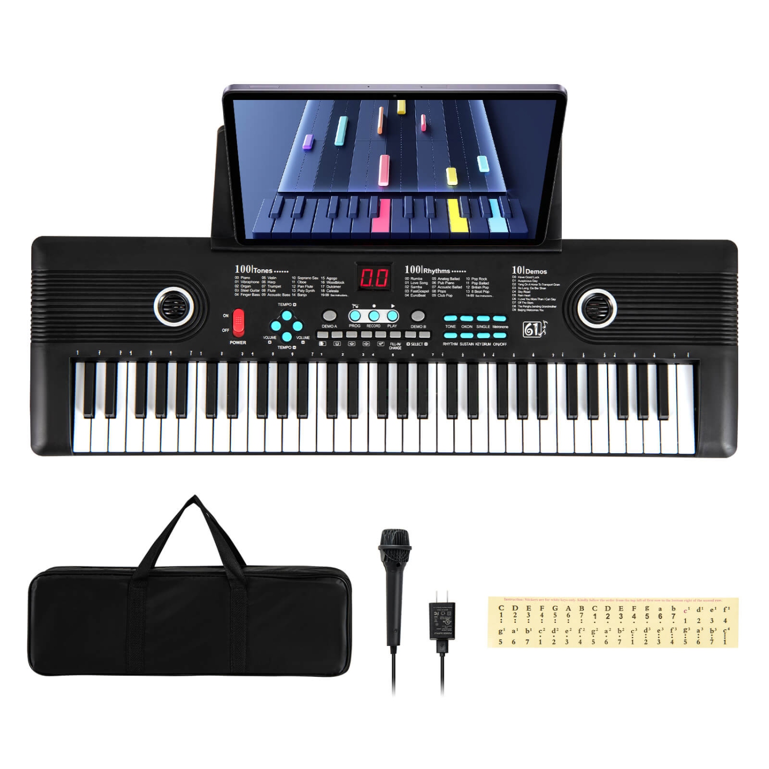 Costway 61 Keys Kids Piano Keyboard with Carry Bag Microphone Sheet Stand Power Supply