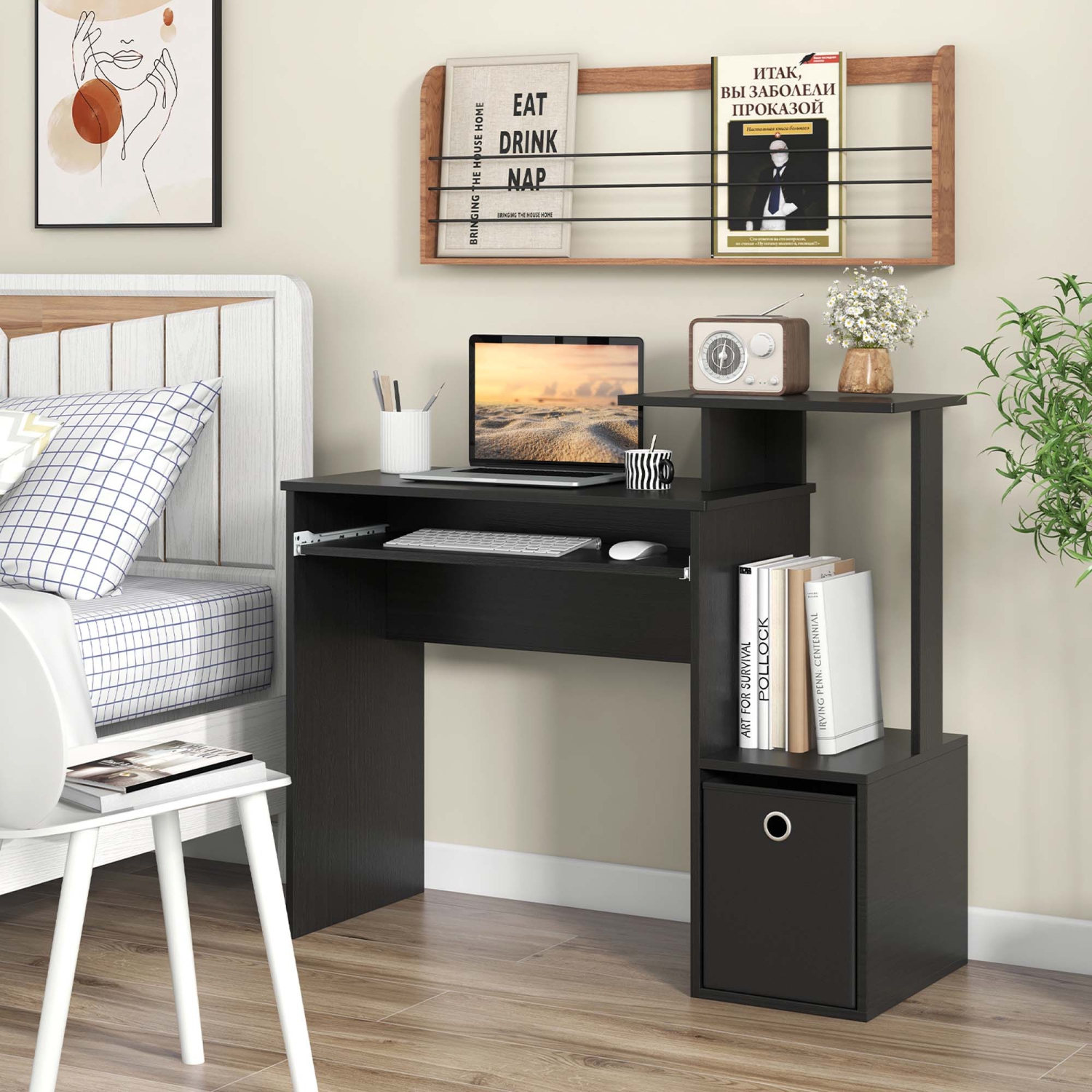 Bureau d'ordinateur compact avec plateau pour clavier de Costway Home Office