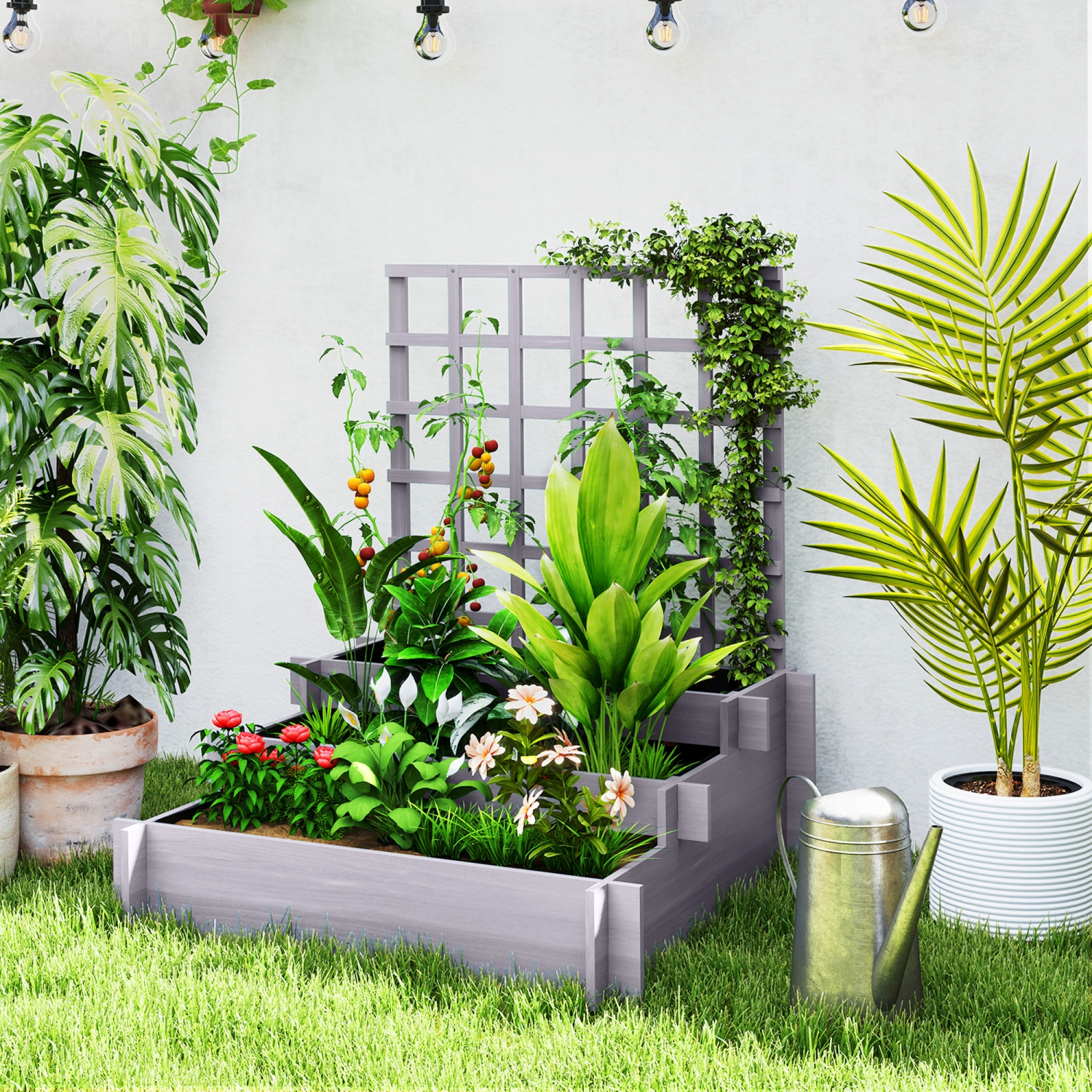 Jardinière surélevée Outsunny à 3 niveaux avec treillis pour les plantes grimpantes, jardinière surélevée en bois pour le jardin de 43,3 po,