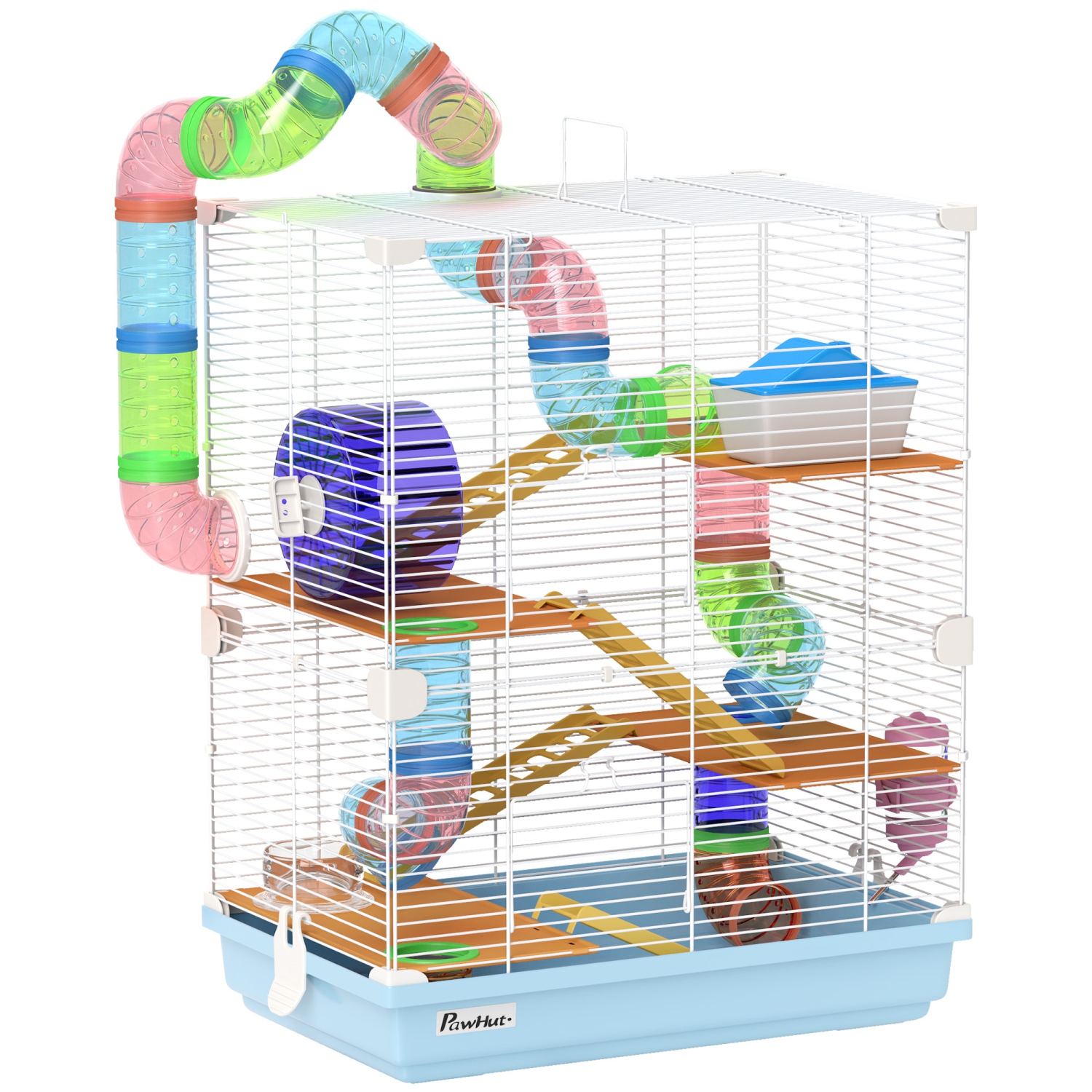 PawHut – Porte-animal portatif Hamster Cage à 5 niveaux, habitat avec roues d'exercice Tube de jeu Bouteille d'eau, maison de vaisselle pour gerbes,