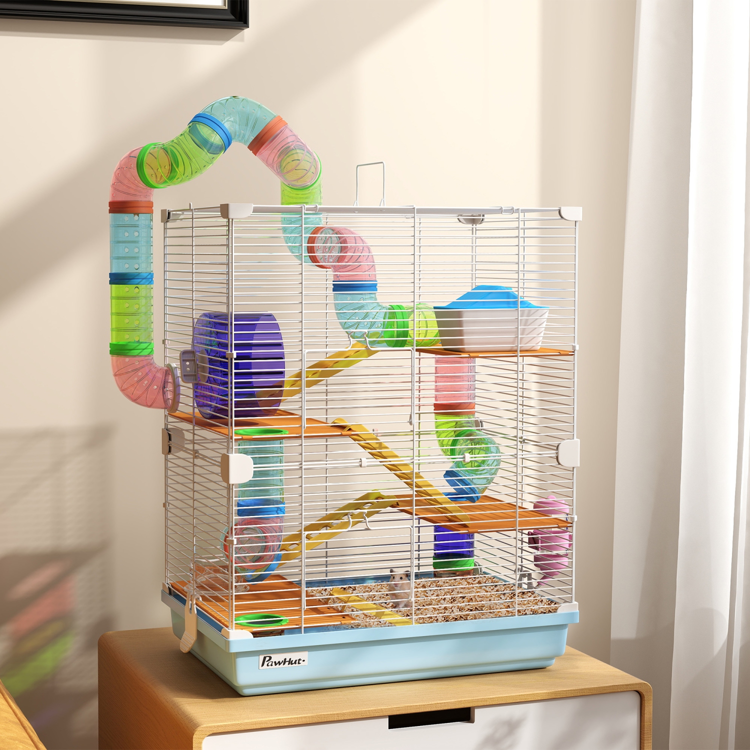 PawHut – Porte-animal portatif Hamster Cage à 5 niveaux, habitat avec roues d'exercice Tube de jeu Bouteille d'eau, maison de vaisselle pour gerbes,