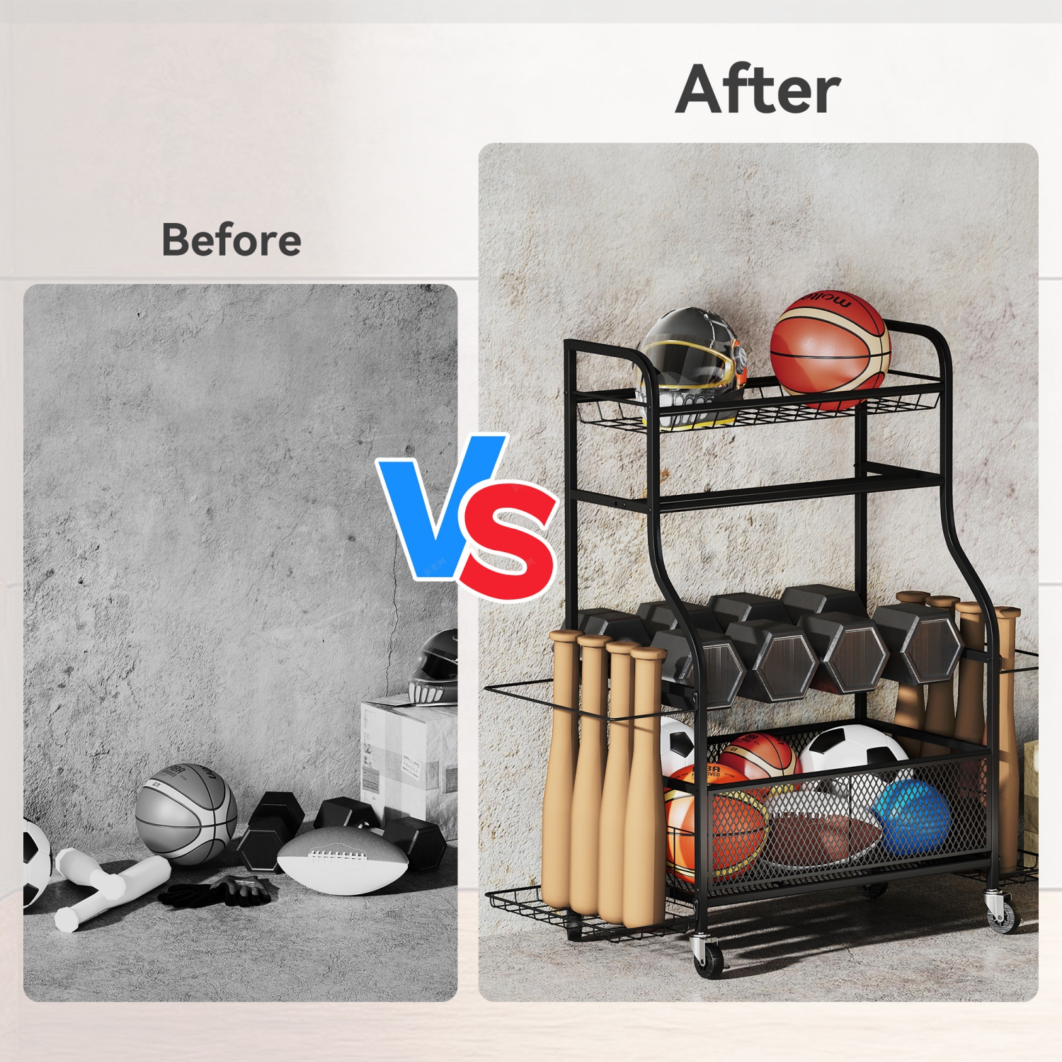 Soozier Sports Equipment Organizer, Rolling Garage Storage Rack with Wheels, Steel Home Gym Storage Cart with Dumbbell Rack, Ball Storage Holder,