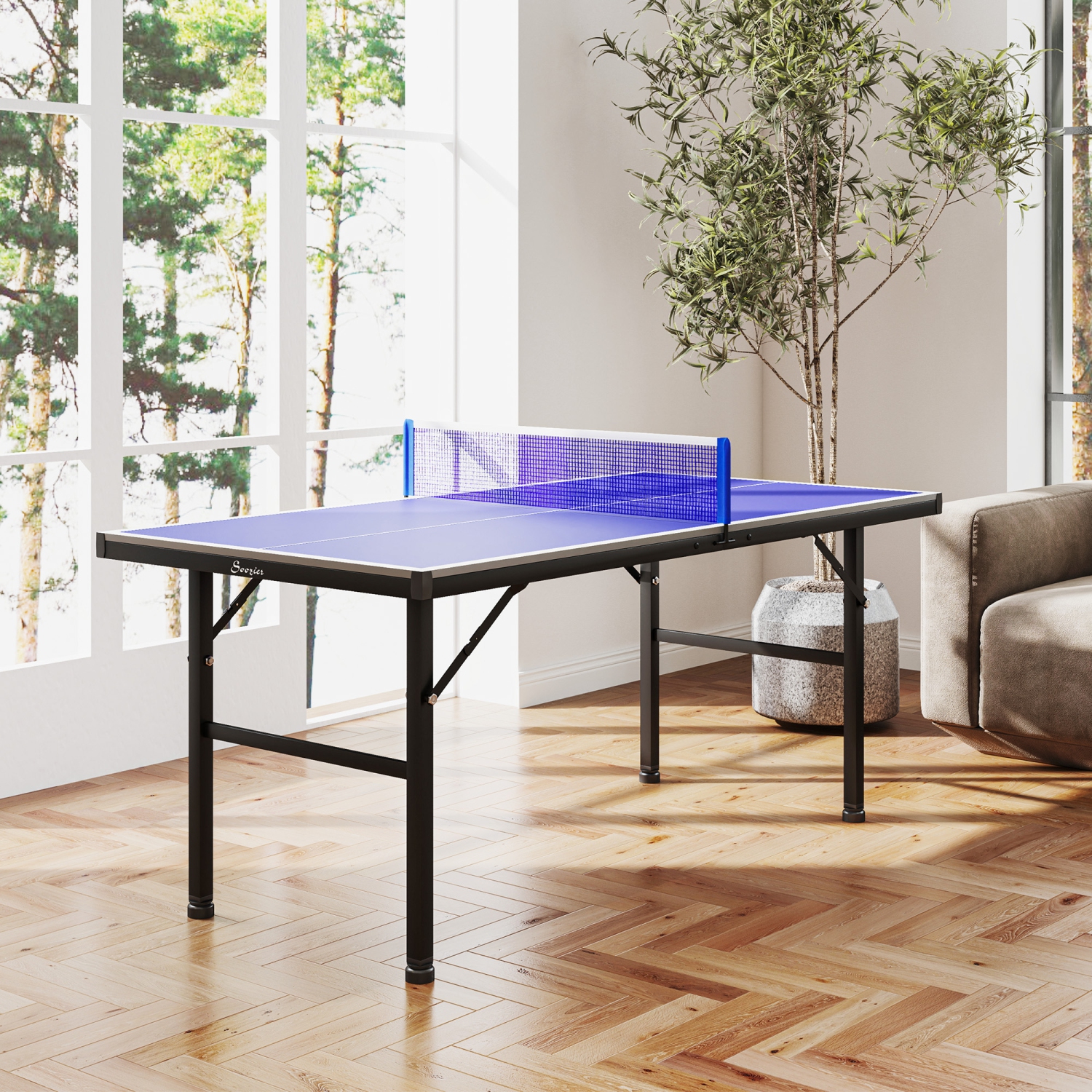 Soozier 5' x 2.5' Mini Ping Pong Table with Professional UV Treated Tabletop, Foldable Table Tennis Table with Adjustable Feet and Net for Outdoor