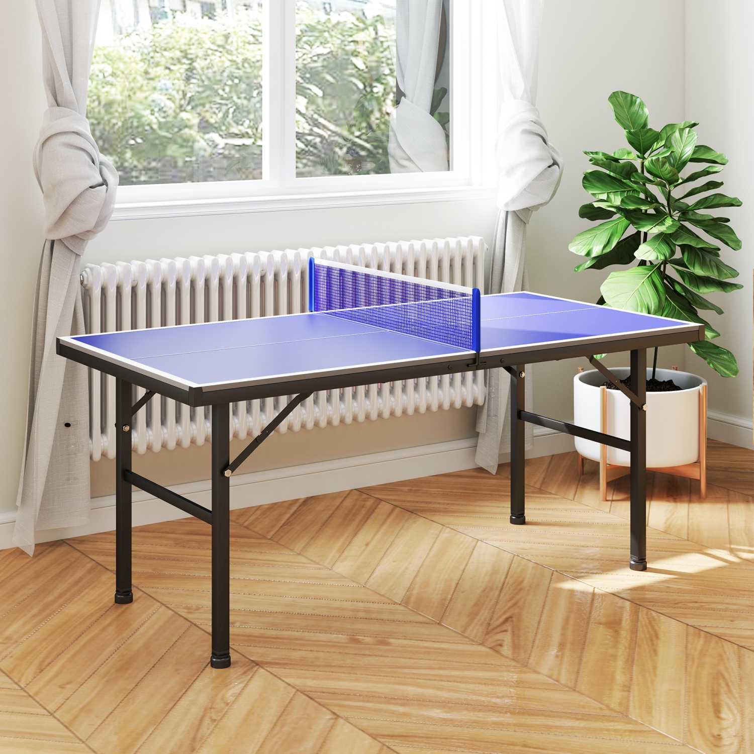Soozier 5' x 2.5' Mini Ping Pong Table with Professional UV Treated Tabletop, Foldable Table Tennis Table with Adjustable Feet and Net for Outdoor
