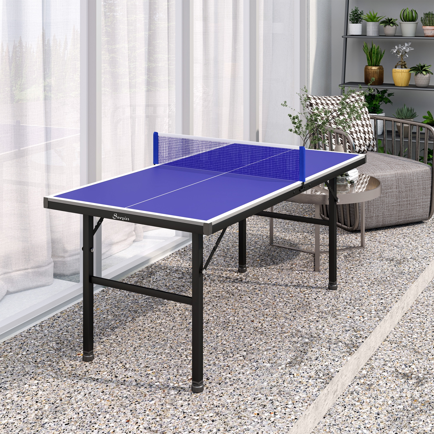 Soozier 5' x 2.5' Mini Ping Pong Table with Professional UV Treated Tabletop, Foldable Table Tennis Table with Adjustable Feet and Net for Outdoor