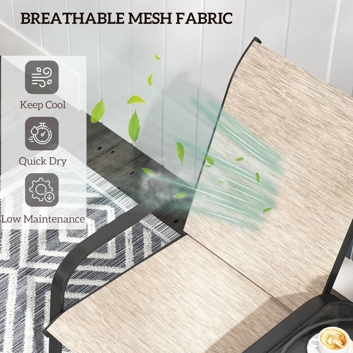 Causeuse extérieure Outsunny, banc d'extérieur avec table en verre, banc de jardin avec siège en filet perméable à l'air, dossier haut, accoudoirs,