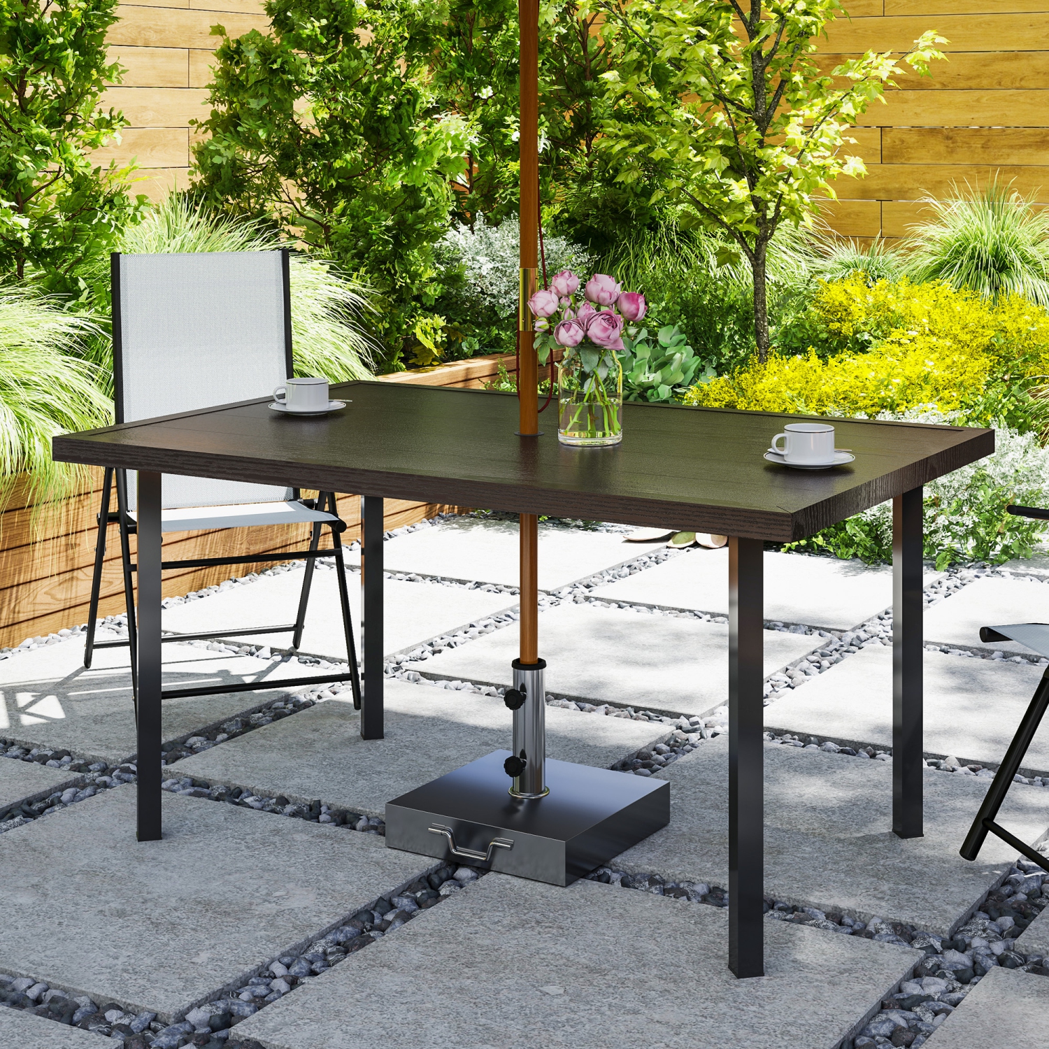 Outsunny Outdoor Dining Table for 6, Steel Patio Table with 2.1" Umbrella Hole, Rectangle Patio Dining Table for Lawn, Garden, Porch, Backyard, 59" x