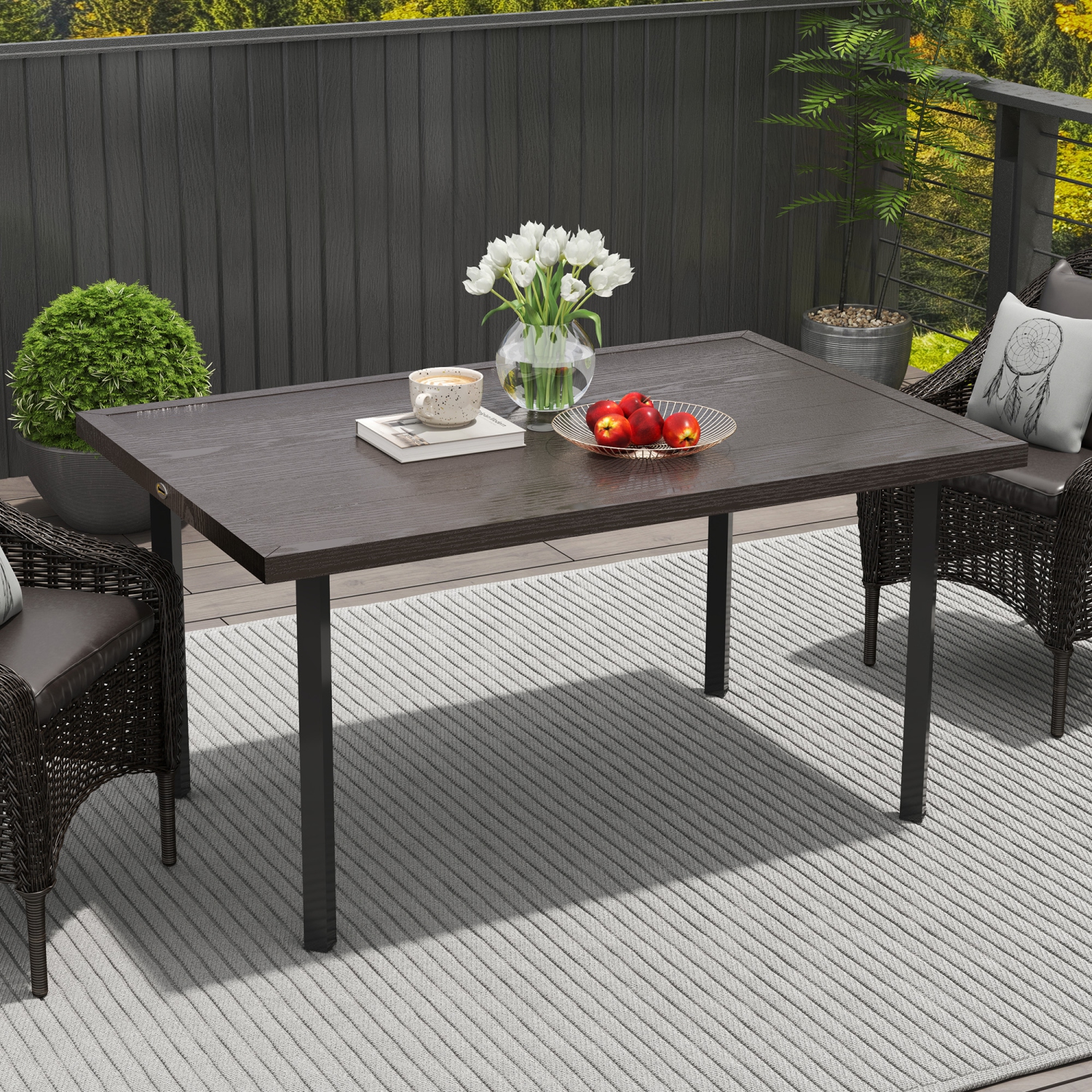 Outsunny Outdoor Dining Table for 6, Steel Patio Table with 2.1" Umbrella Hole, Rectangle Patio Dining Table for Lawn, Garden, Porch, Backyard, 59" x