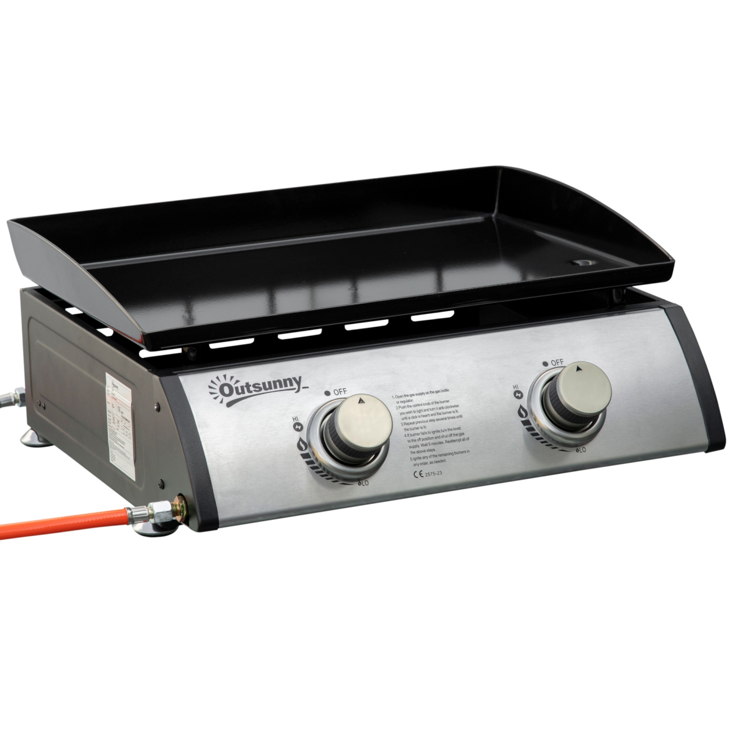 Outsunny Liquefied Gas Grill with 2 Stainless Steel Burners, Portable Tabletop Gas BBQ with Non-Stick Griddle, 90000 Each Burner for Camping, Picnic,