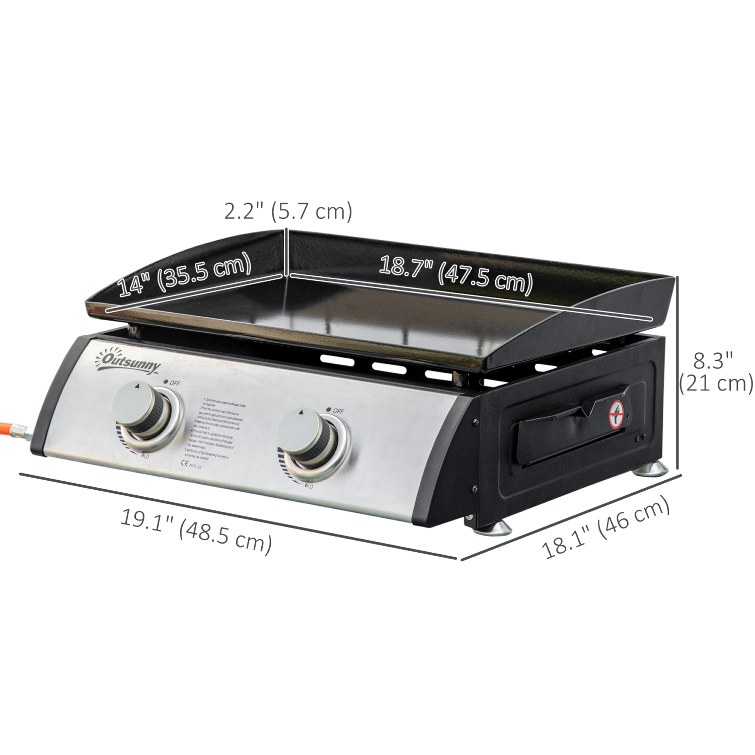 Outsunny Liquefied Gas Grill with 2 Stainless Steel Burners, Portable Tabletop Gas BBQ with Non-Stick Griddle, 90000 Each Burner for Camping, Picnic,