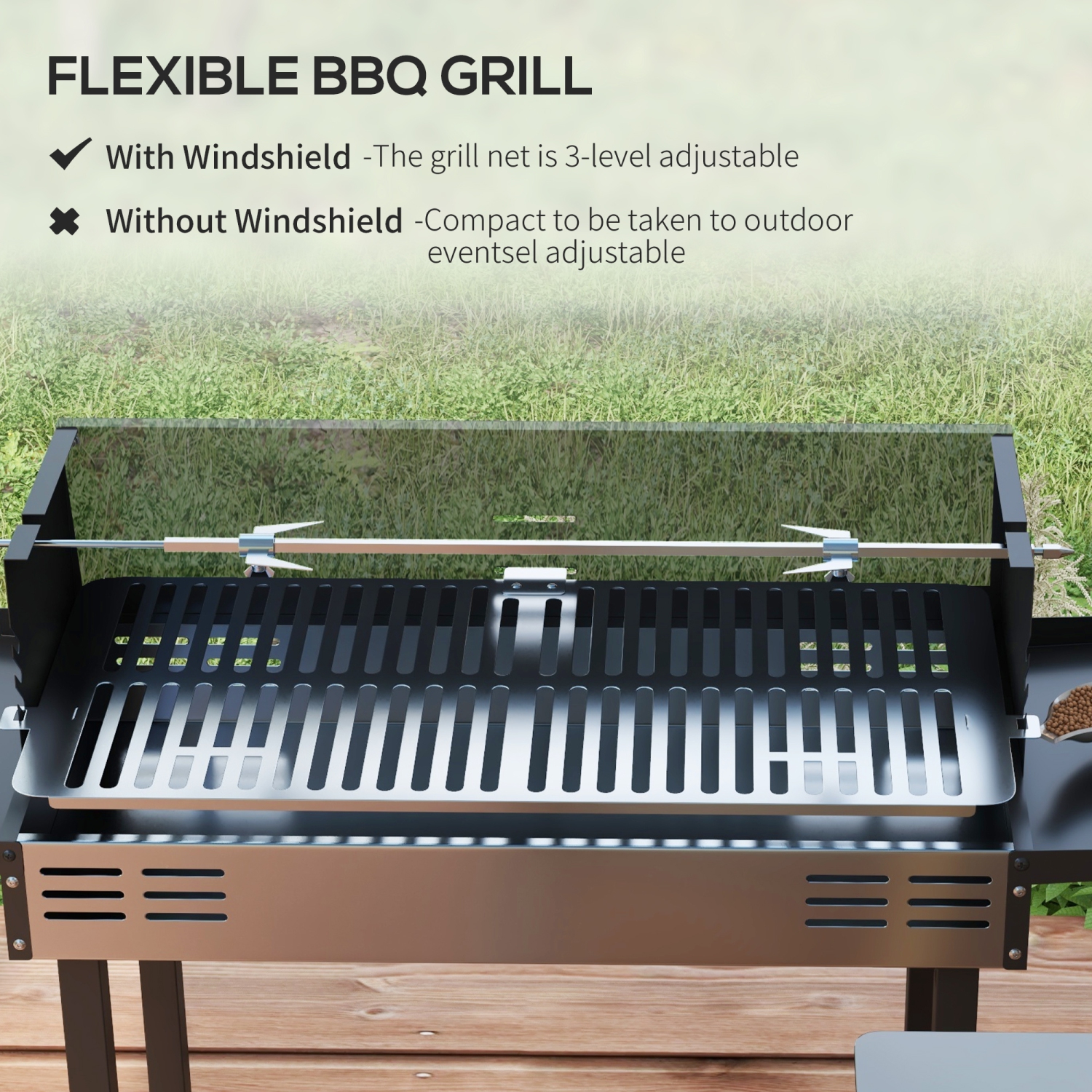Outsunny Rotisserie Grill Roaster, Charcoal BBQ Split Roaster for Chicken or Turkey with 3-Level Grill Grate, Foldable Storage Shelves, and Wind