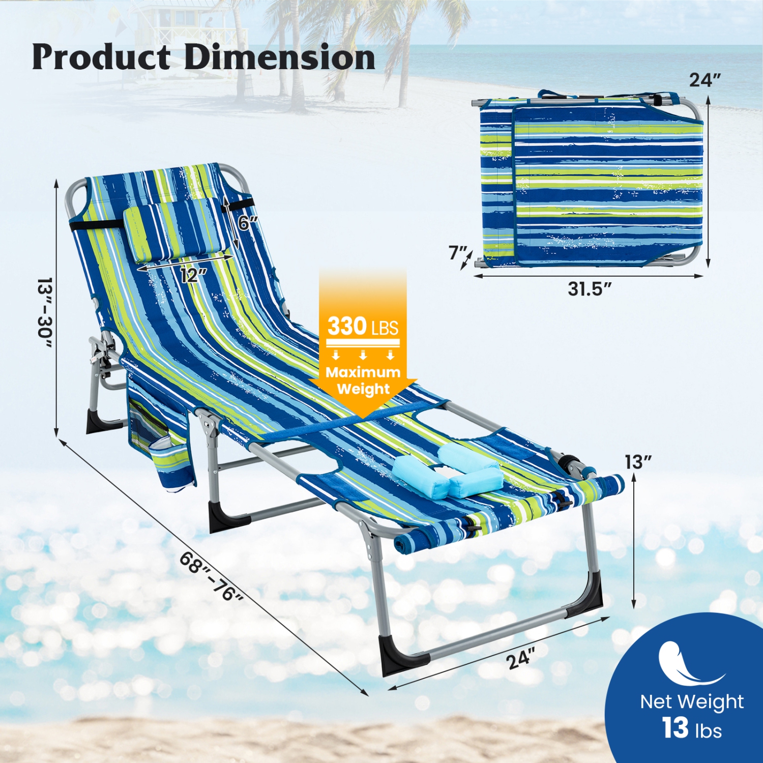Gymax 2 PCS Folding Chaise Lounge Chair Sunbathing Recliner w/ Removable Pillow Navy Blue