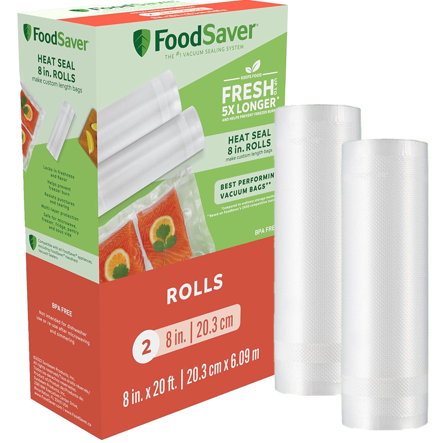 FoodSaver - 2 Pack Vacuum Sealer Rolls, 8in x 20ft, BPA Free