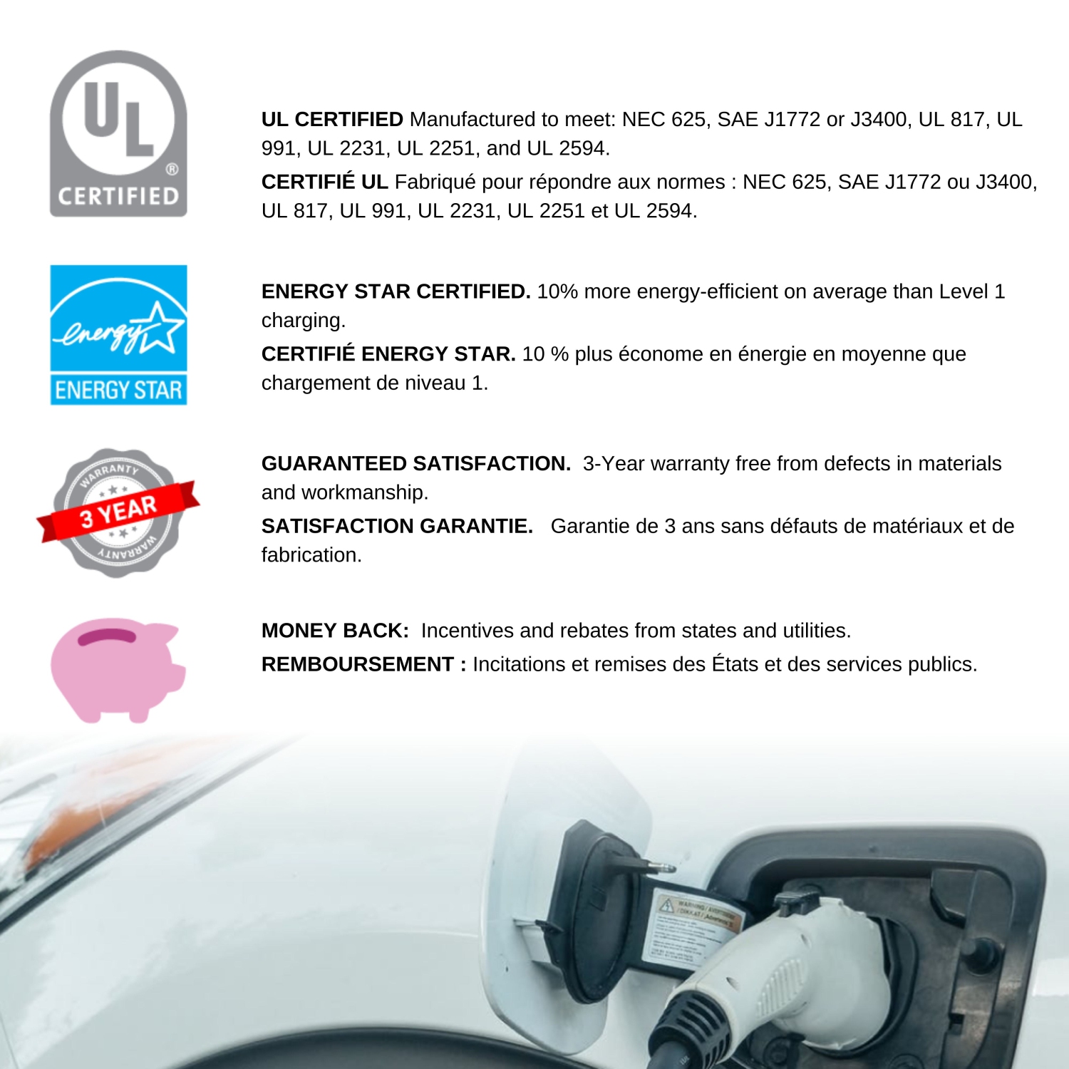 Chargeur pour véhicule électrique NEMA 14-50 J1772 de niveau 2 blanc 40 A d'Emporia avec gestion de charge