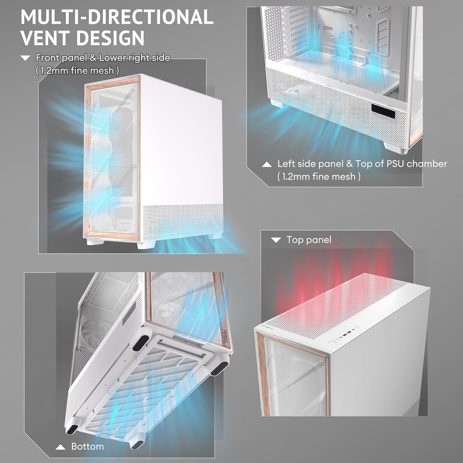 Antec Flux Pro White, 6 x PWM Fans Included, High-Airflow Front Panel with Birch Wood