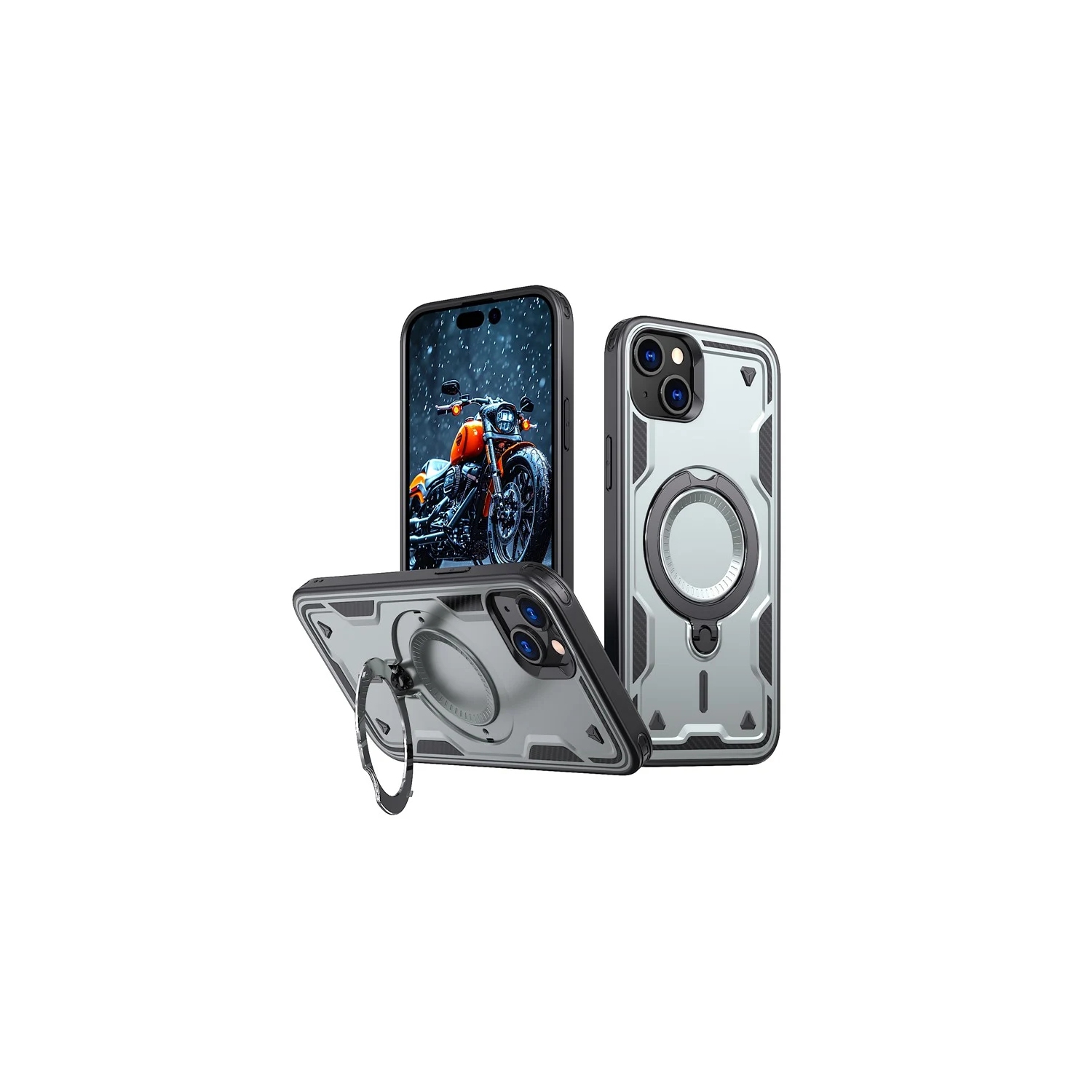 [CS] Étui antichoc avec béquille Magsafe et anneau pour iPhone 15, gris