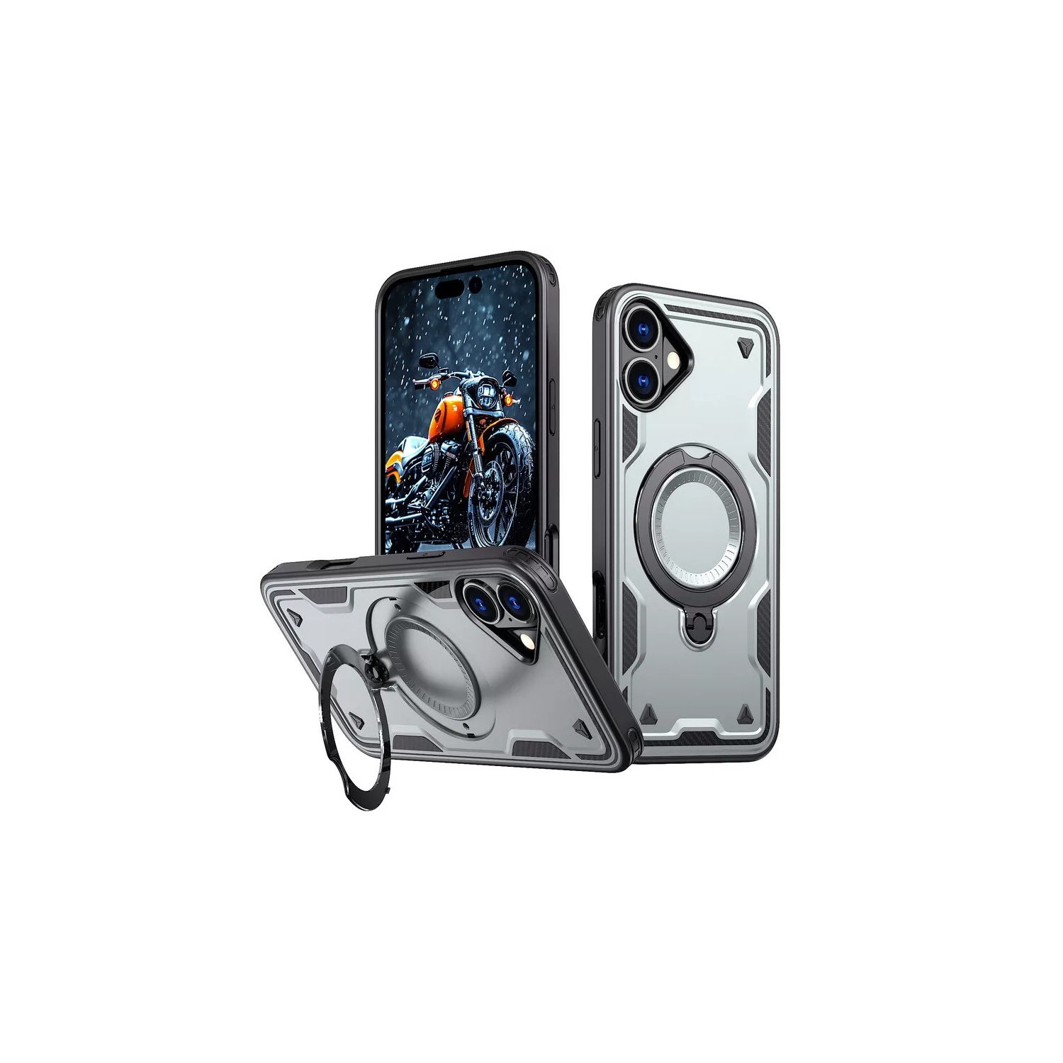 [CS] Étui antichoc avec béquille Magsafe avec anneau pour iPhone 16 Plus, gris