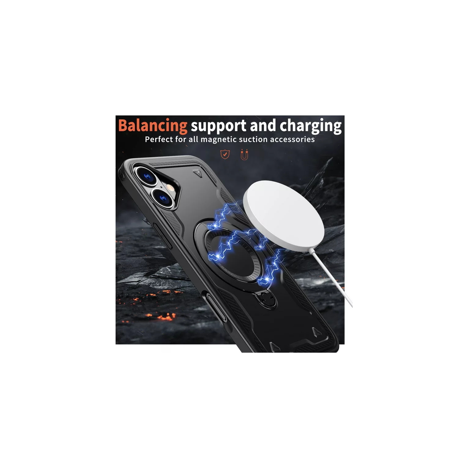 [CS] Étui antichoc avec béquille Magsafe avec anneau pour iPhone 16 Plus, noir