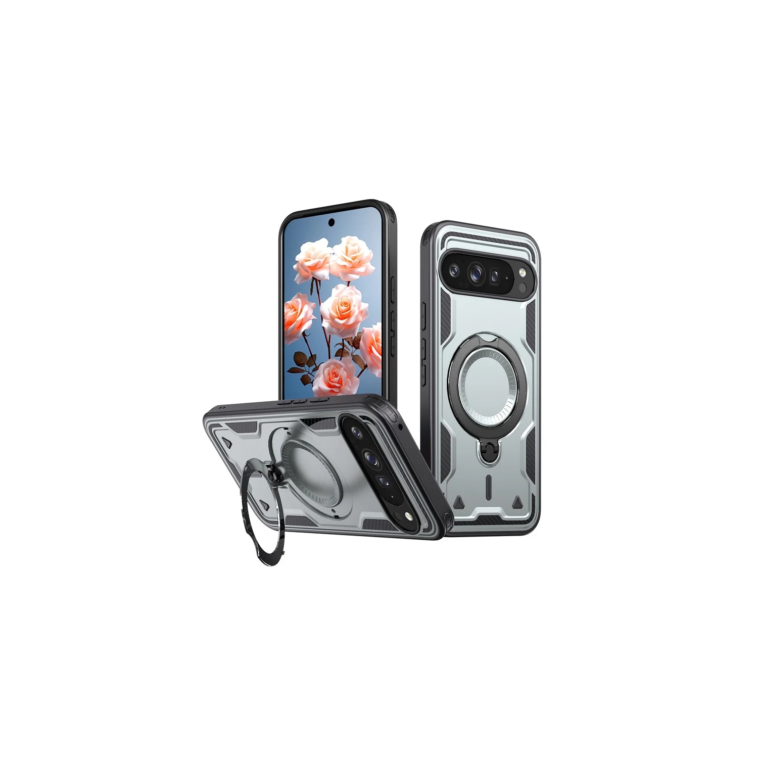 [CS] Étui antichoc avec support Magsafe avec anneau pour Pixel 9 Pro XL de Google, gris