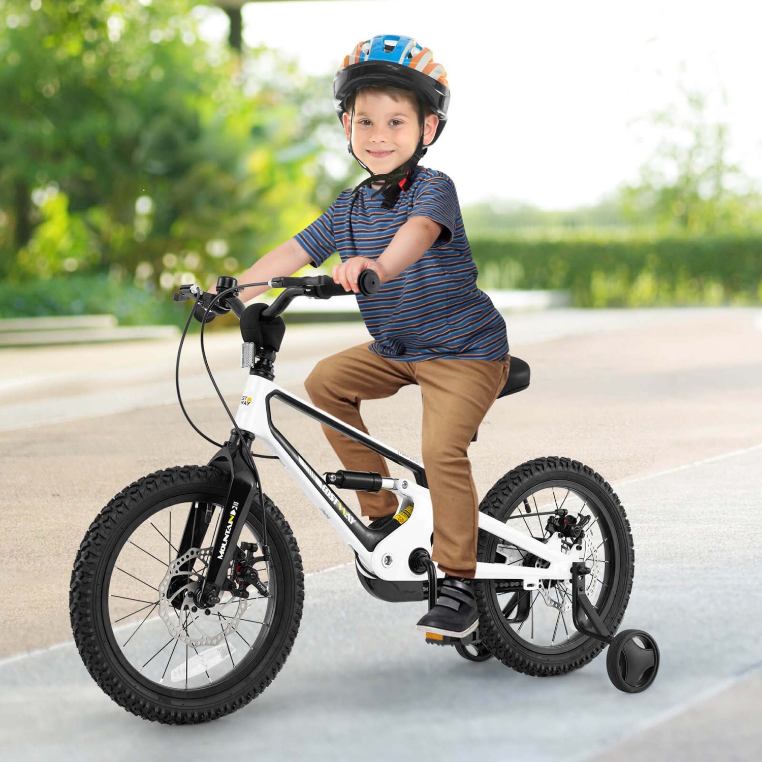 Vélo pour enfants de 16 po de Costway avec roues stabilisatrices et freins à double disque, siège ajustable en alliage de magnésium