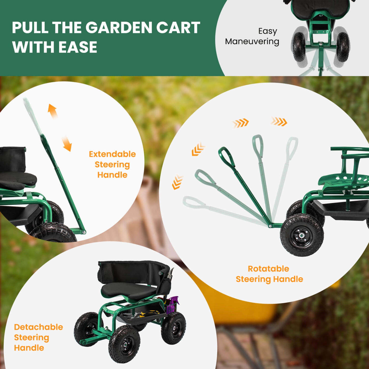 Costway Rolling Garden Cart Height Adjustable Scooter with Swivel Seat & Tool Storage