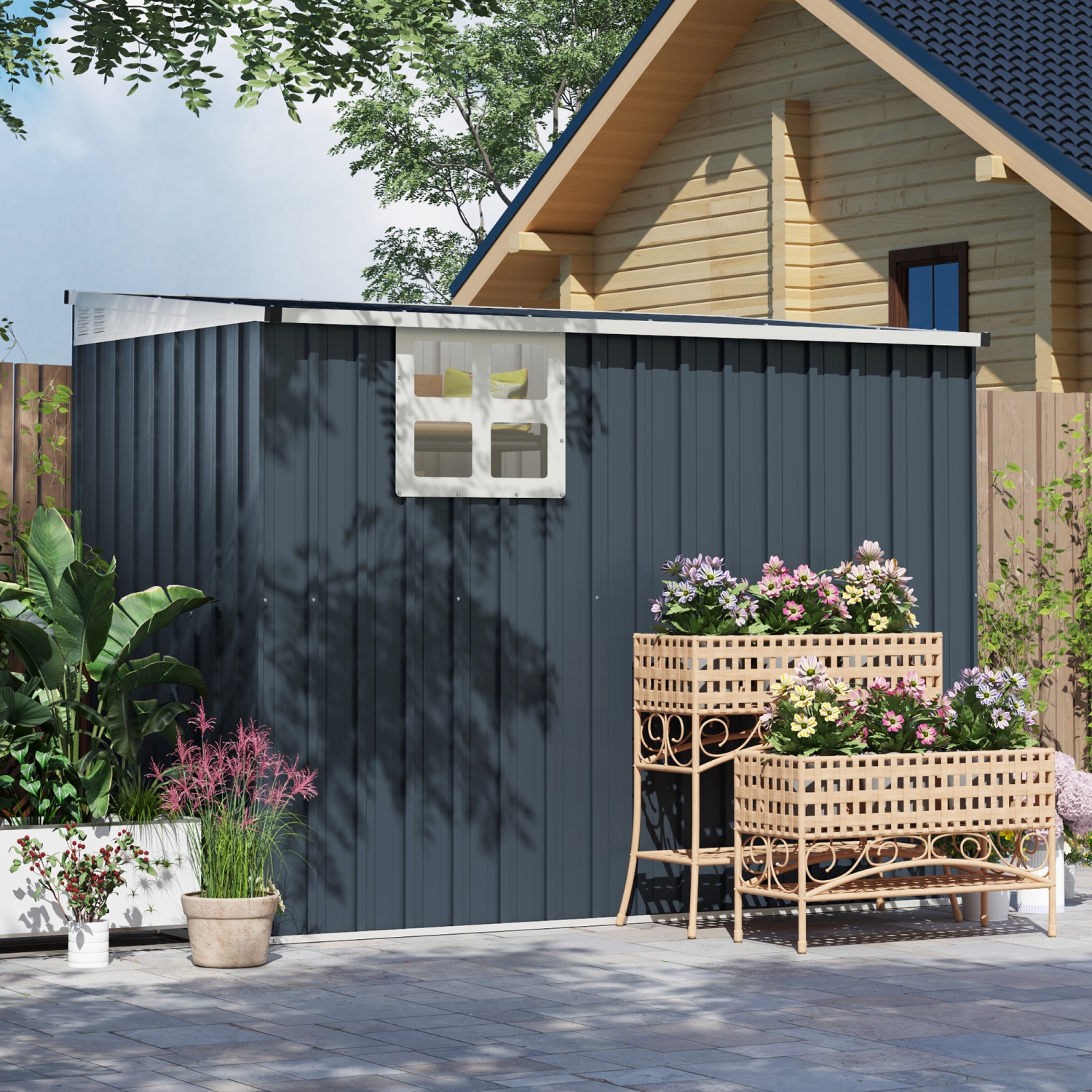 Outsunny 4' x 8' Outdoor Storage Shed, Metal Garden Shed with Window, 2 Vents and Lockable Door, for Backyard, Garden, Lawn, Dark Grey