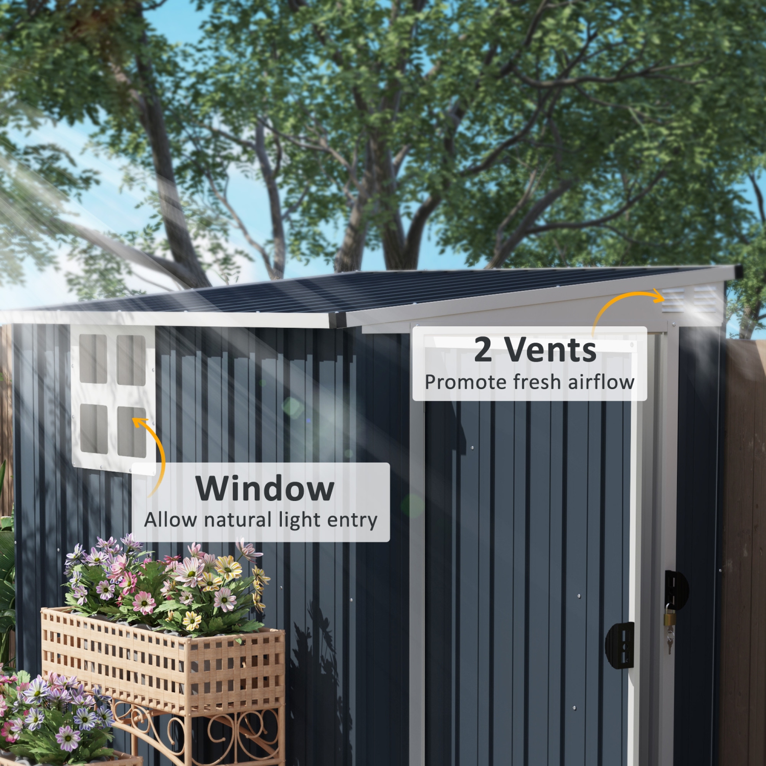 Outsunny 4' x 6' Outdoor Storage Shed, Metal Garden Shed with Window, 2 Vents and Lockable Door, for Backyard, Garden, Lawn, Dark Grey