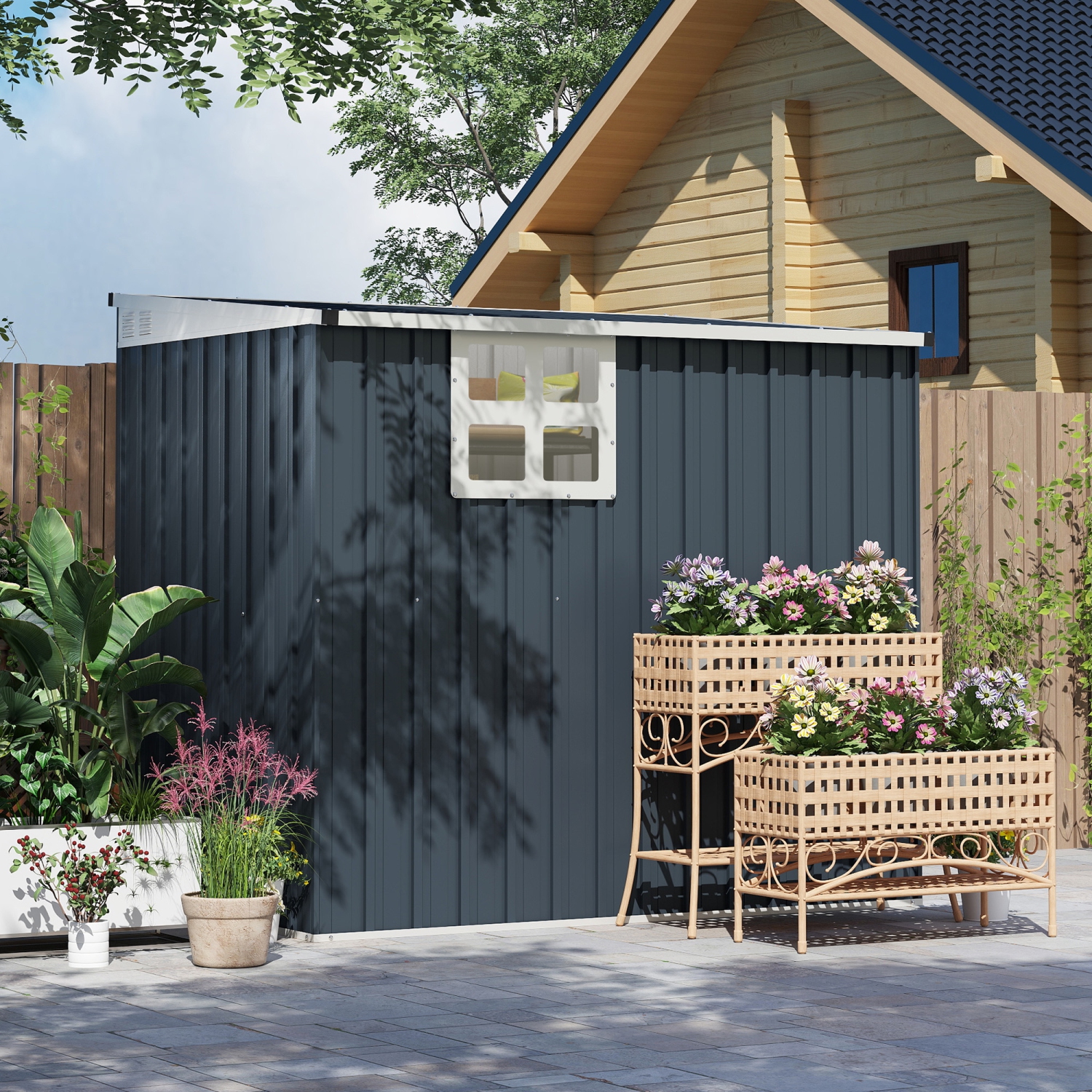 Outsunny 4' x 6' Outdoor Storage Shed, Metal Garden Shed with Window, 2 Vents and Lockable Door, for Backyard, Garden, Lawn, Dark Grey