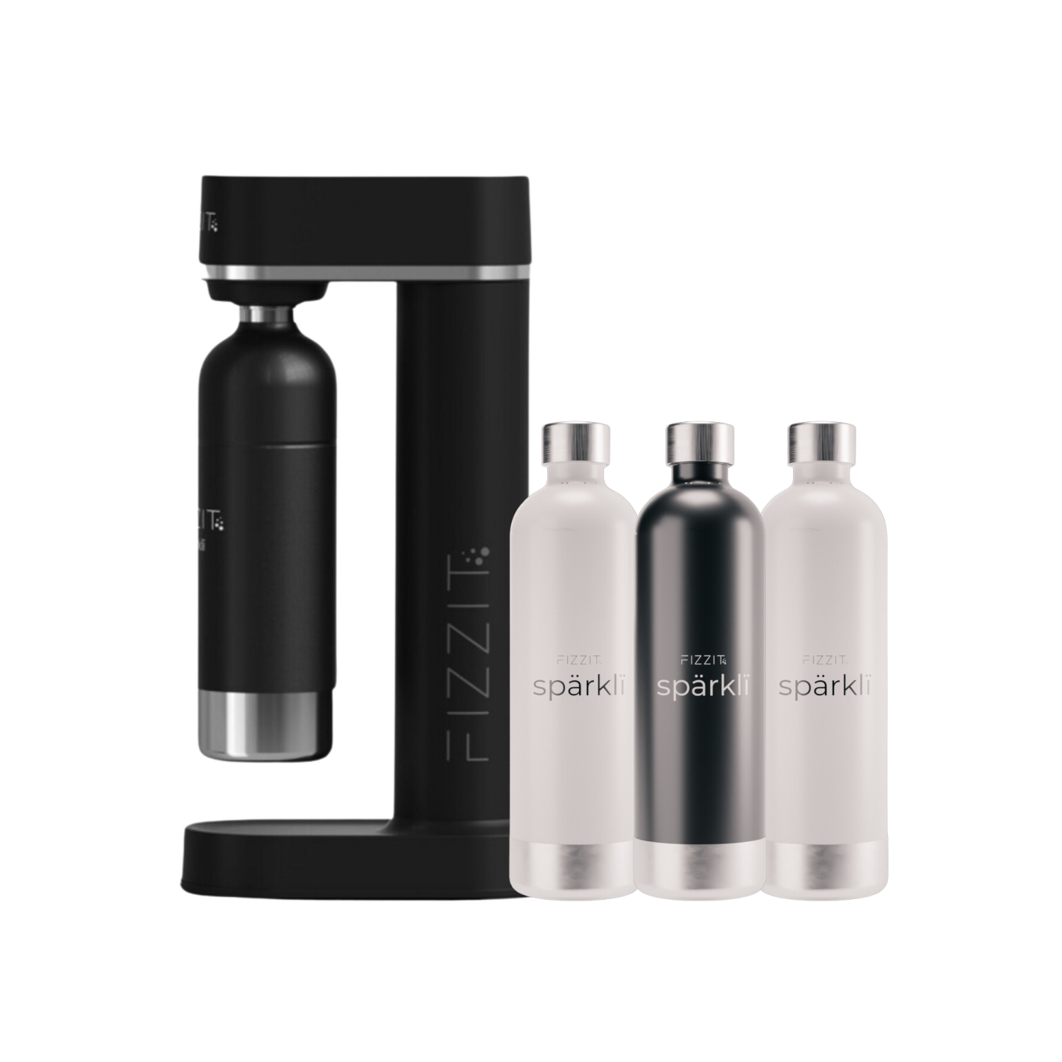 Fizzit Spärklï Carbonated Water Soda Maker with 1 Black Stainless Steel Bottle & 2 White Stainless Steel Bottles