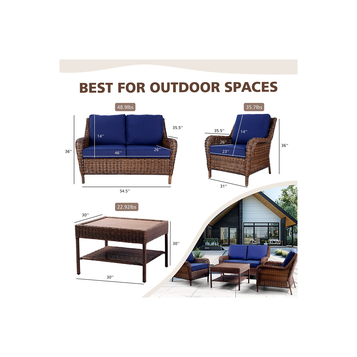 Krikacy 4PCS HDPE Wicker Coversation Loveseat Set with Coffee Table(Blue Cushions)