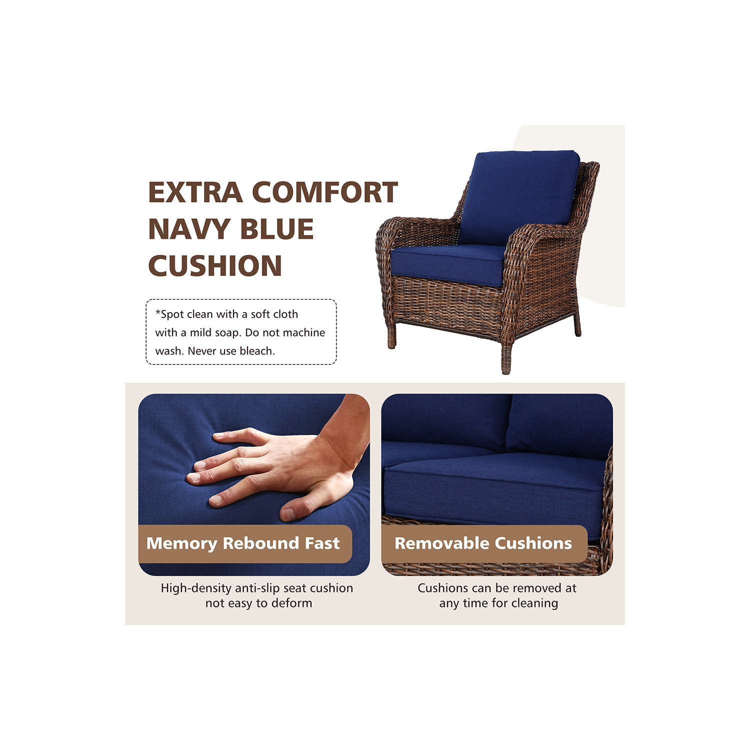 Krikacy 4PCS HDPE Wicker Coversation Loveseat Set with Coffee Table(Blue Cushions)