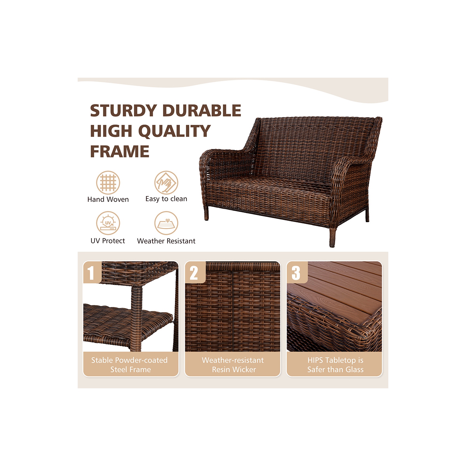 Krikacy 4PCS HDPE Wicker Coversation Loveseat Set with Coffee Table(Blue Cushions)