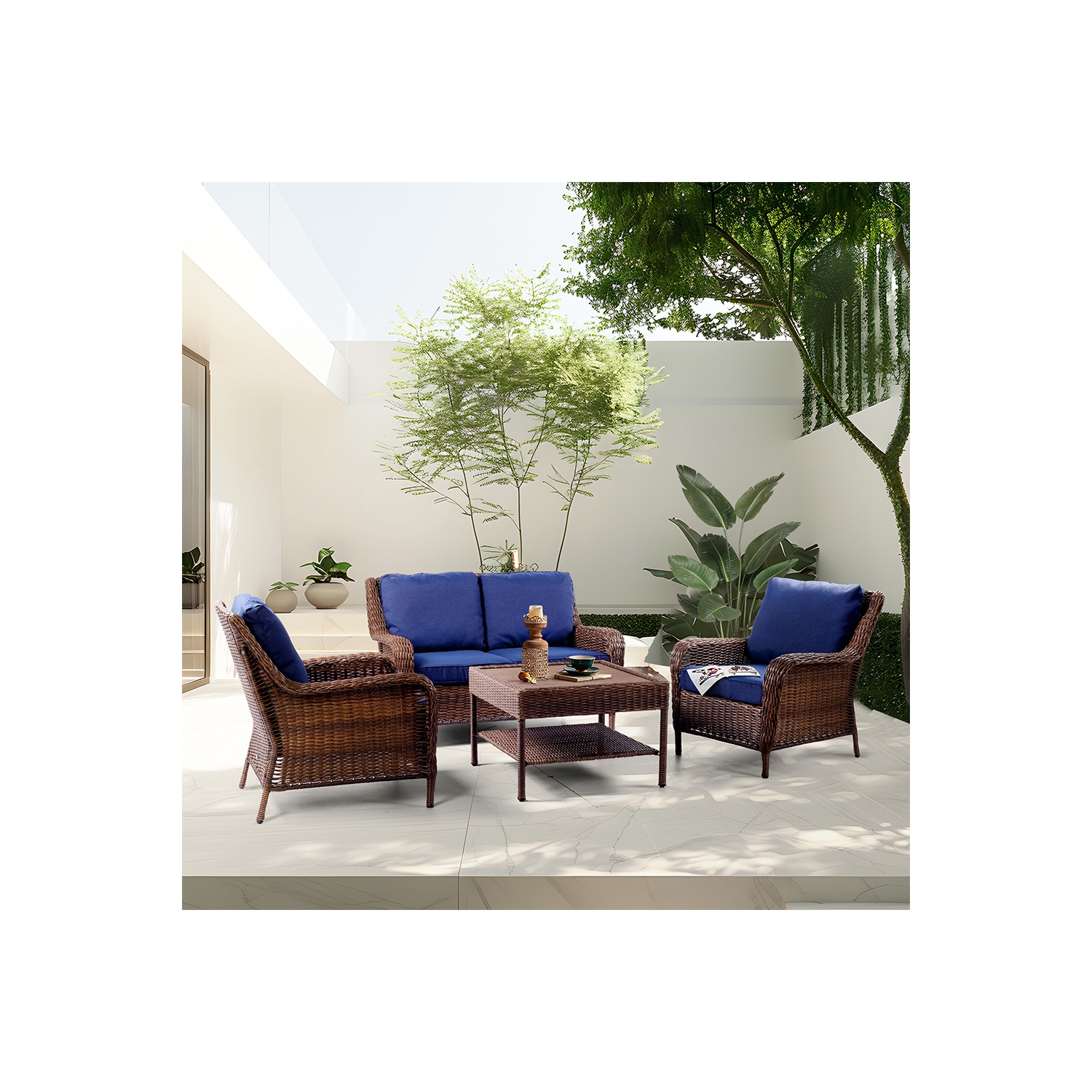 Krikacy 4PCS HDPE Wicker Coversation Loveseat Set with Coffee Table(Blue Cushions)