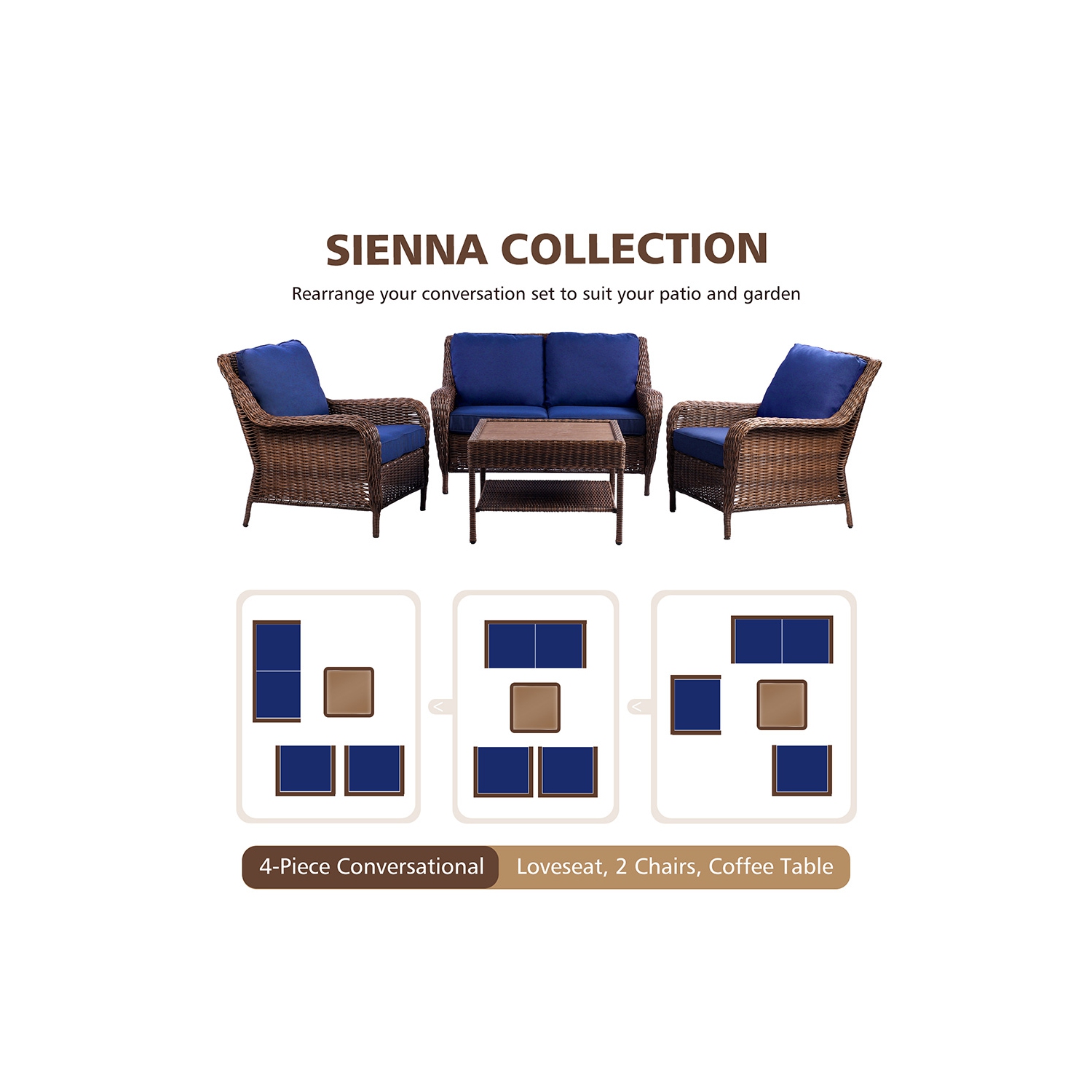 Krikacy 4PCS HDPE Wicker Coversation Loveseat Set with Coffee Table(Blue Cushions)