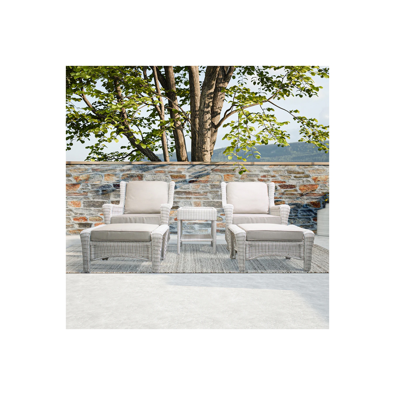 Park Meadow 5PCS HDPE Wicker Swivle Bistro Set with Ottoman and End Table(Beige Cushions)