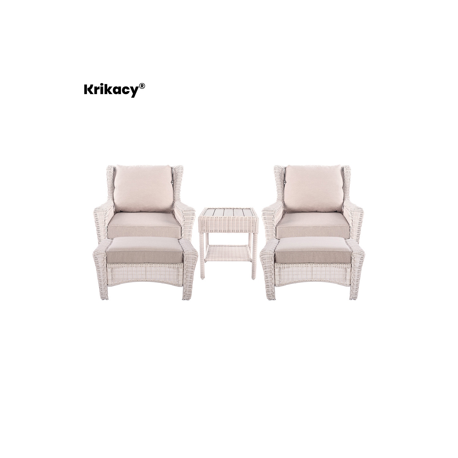 Krikacy 5PCS HDPE Wicker Bistro Set with Ottoman and End Table(Beige Cushions)