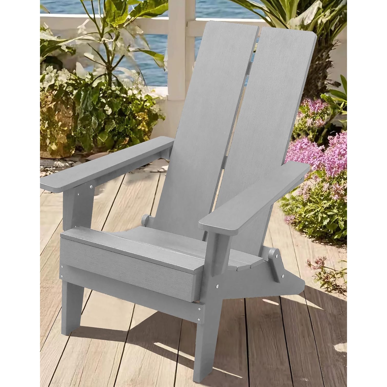 Krikacy Modern Folding Polymer Adirondack Chair with Cup Holder-Grey