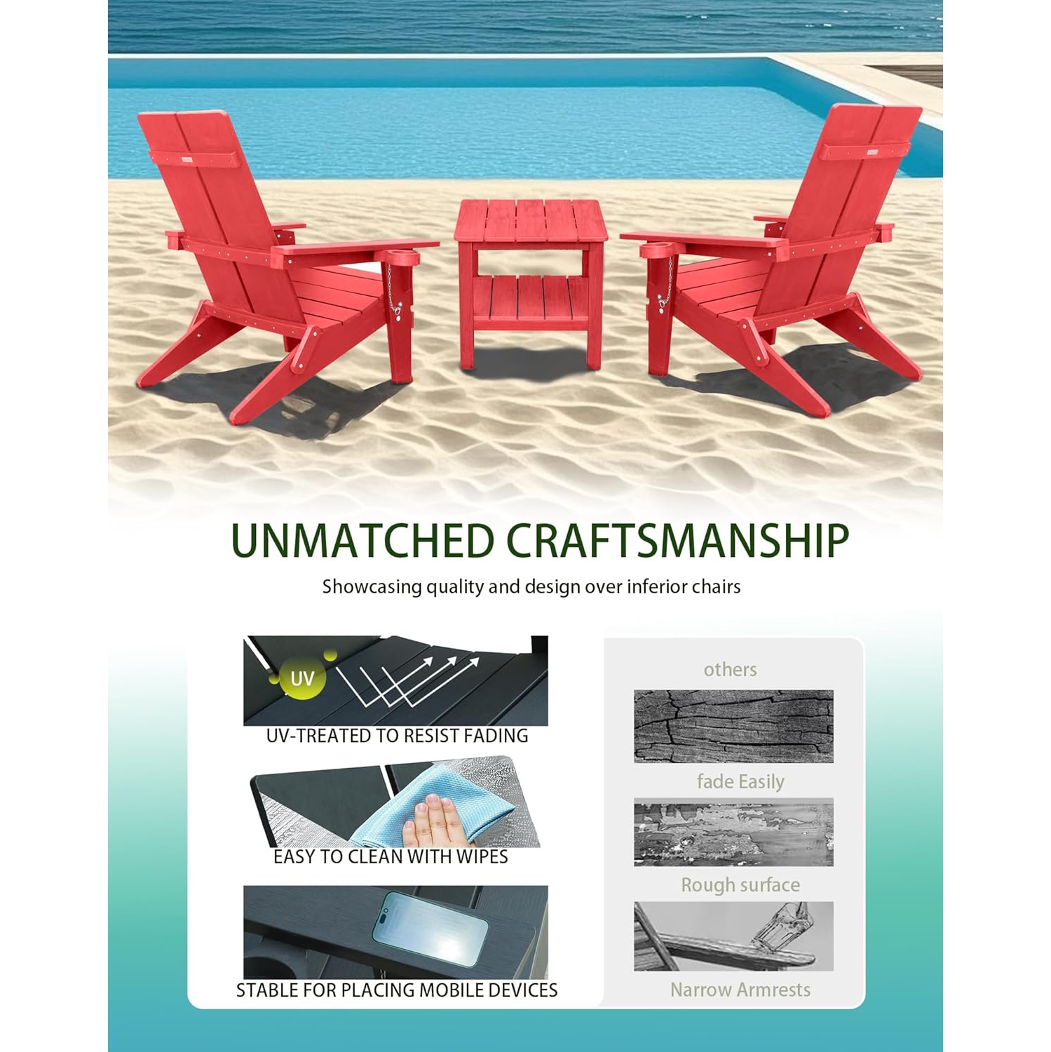 Fauteuil pliant moderne Adirondack en polymère Krikacy avec porte-gobelet - Rouge