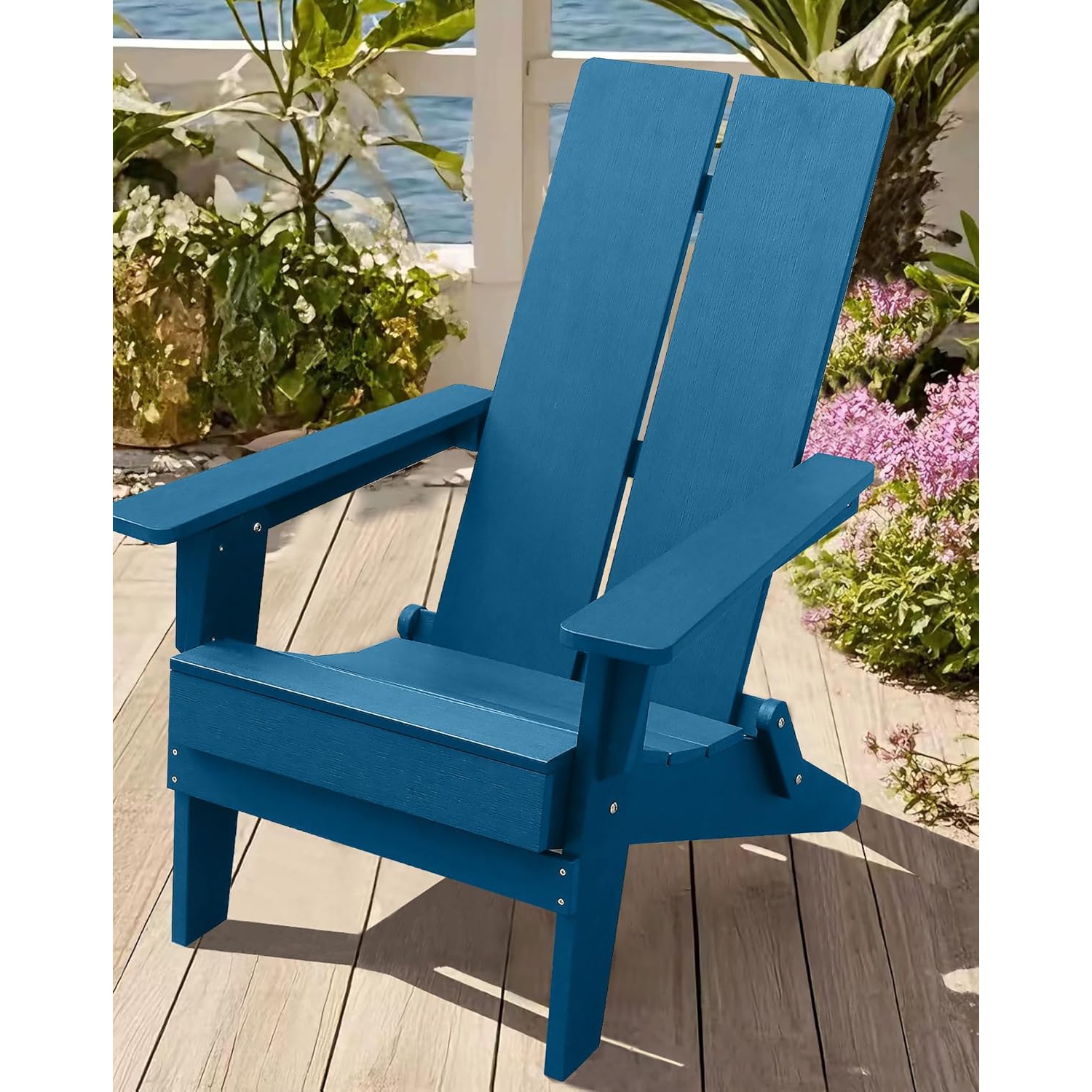 Krikacy Modern Folding Polymer Adirondack Chair with Cup Holder-Navy Blue