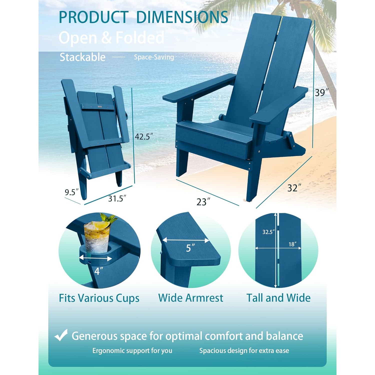 Krikacy Modern Folding Polymer Adirondack Chair with Cup Holder-Navy Blue