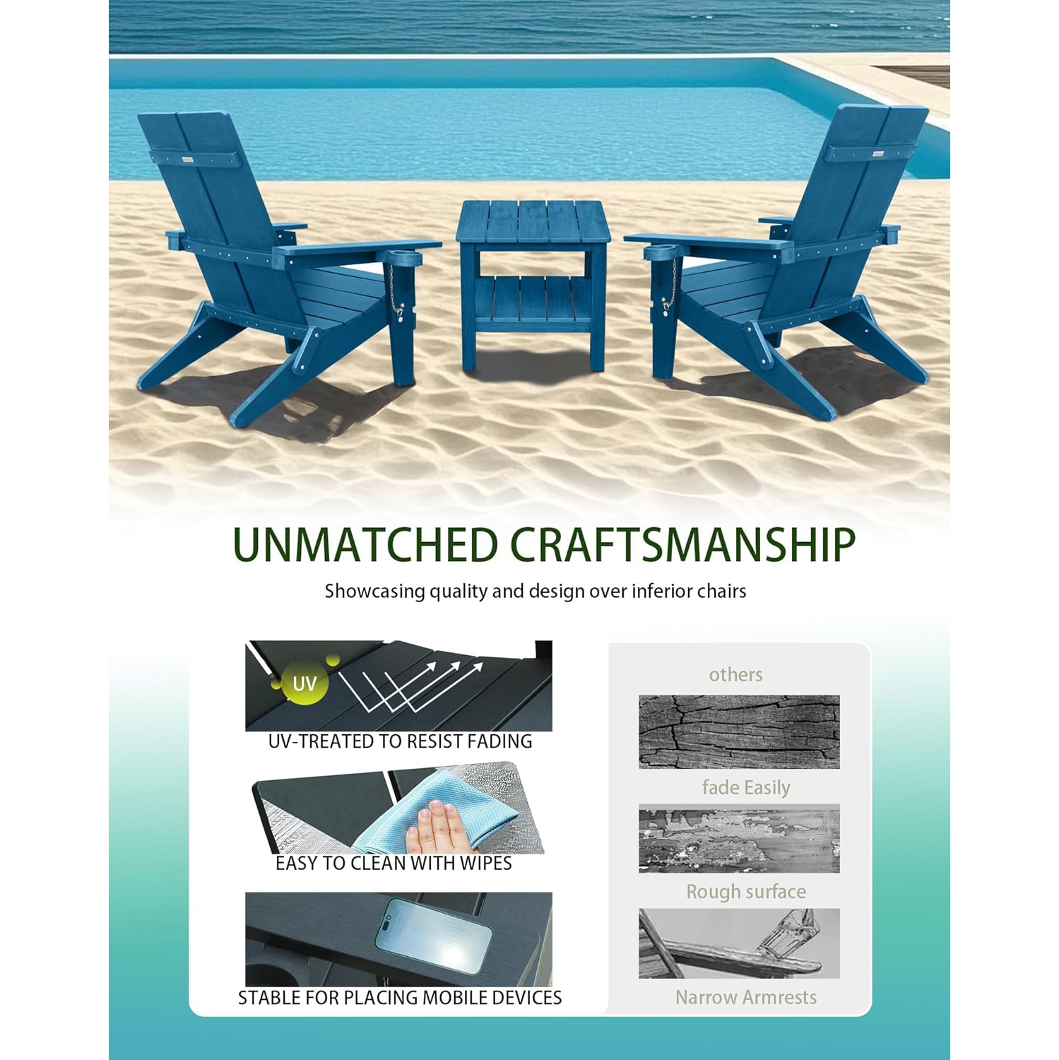 Krikacy Modern Folding Polymer Adirondack Chair with Cup Holder-Navy Blue